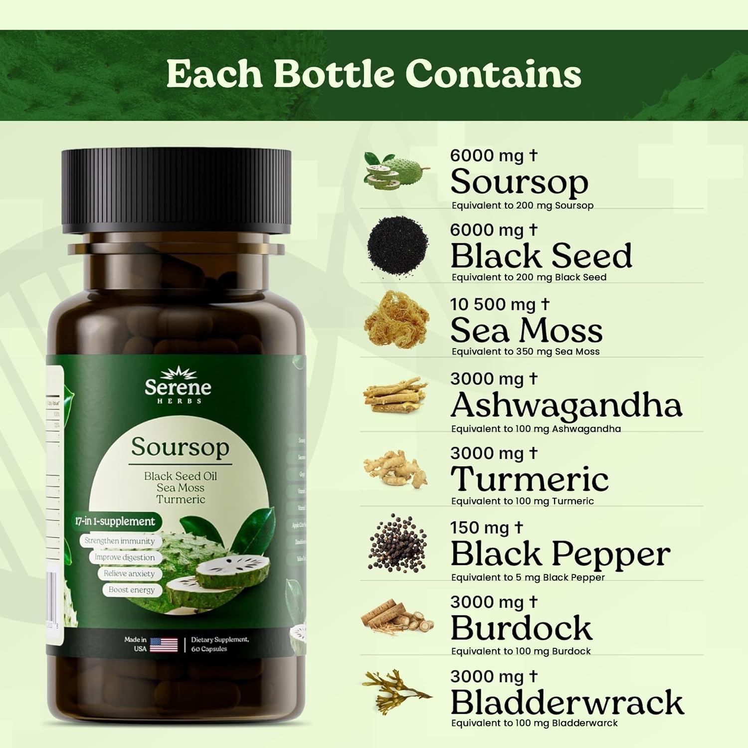 Serene Herbs 17-in-1 Sea Moss Capsules with Irish Seamoss, Black Seed Oil, Ashwagandha, Turmeric & Bladderwrack - Advanced Immunity, Energy & Gut Support - Natural Herbal Supplement - 60 Count - Medaid International
