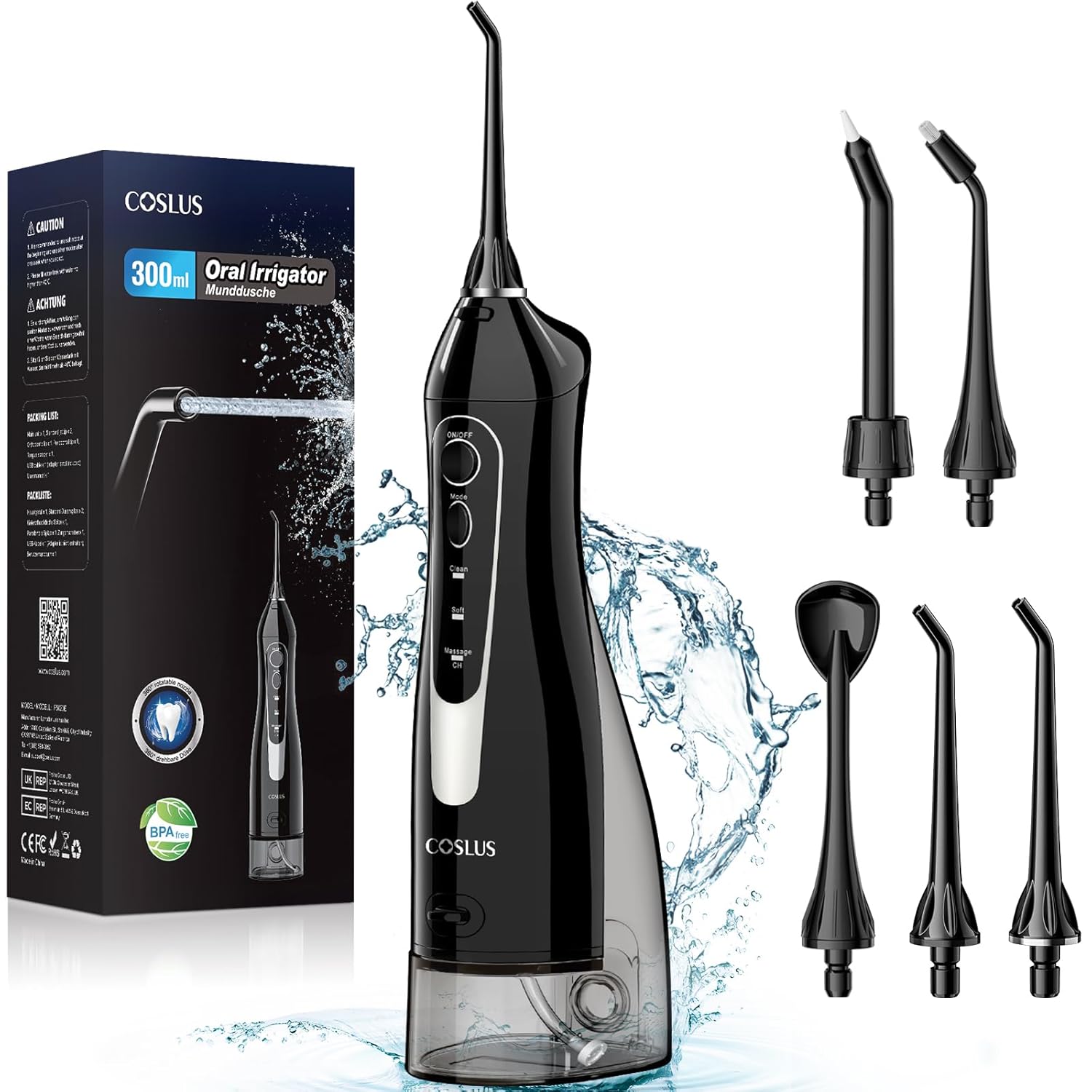 COSLUS Water Dental Flosser Teeth Pick: Portable Cordless Oral Irrigator 300ML Rechargeable Travel Irrigation Cleaner IPX7 Waterproof Electric Waterflosser Flossing Machine for Teeth Cleaning F5020E - Medaid International