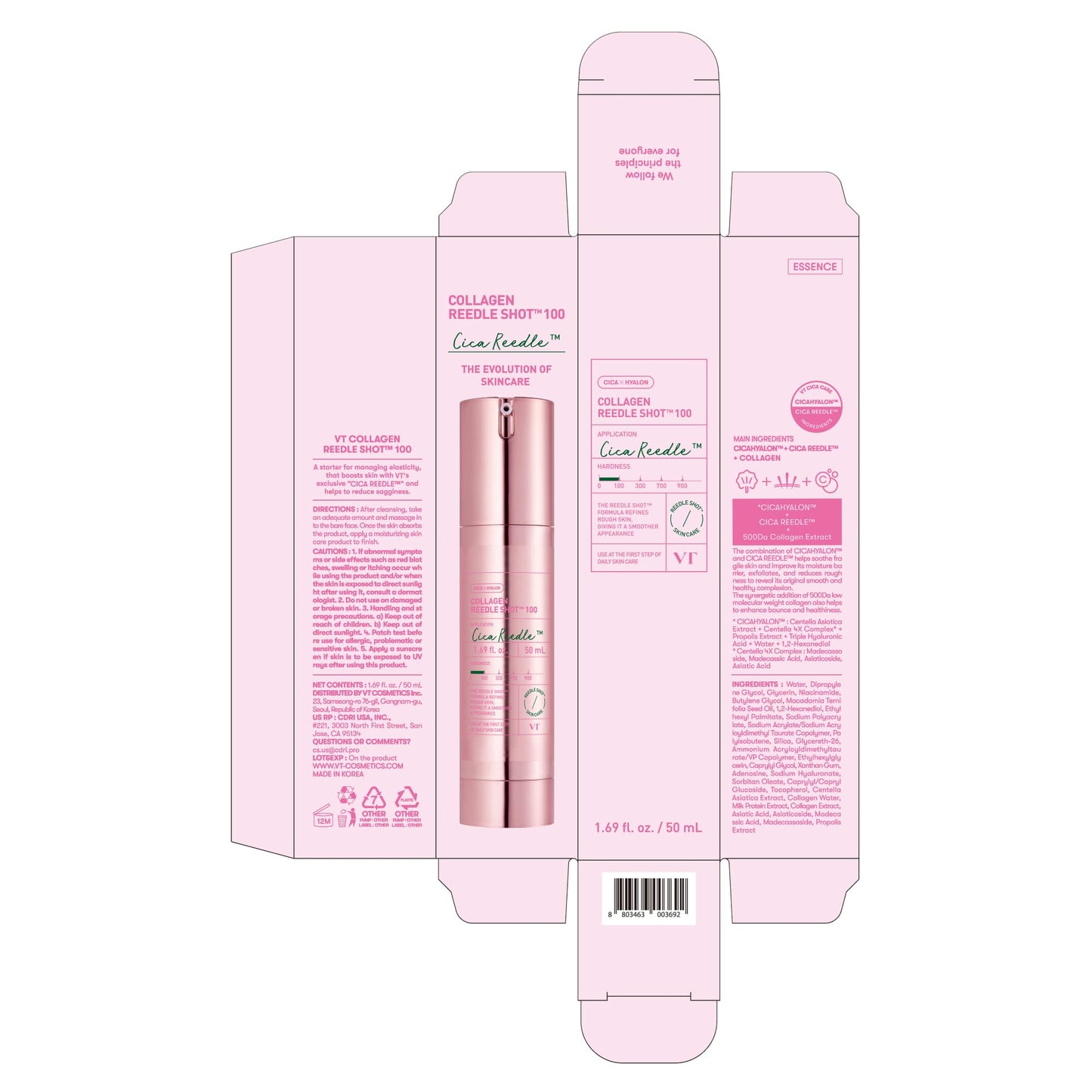 VT COSMETICS Collagen Reedle Shot 100, Microneedling Serum, Firming & Elasticity, 500Da Collagen Extract, Soft & Glass Skin, Pink Serum, Korean Skin Booster 1.69Fl Oz(50ml) - Medaid International