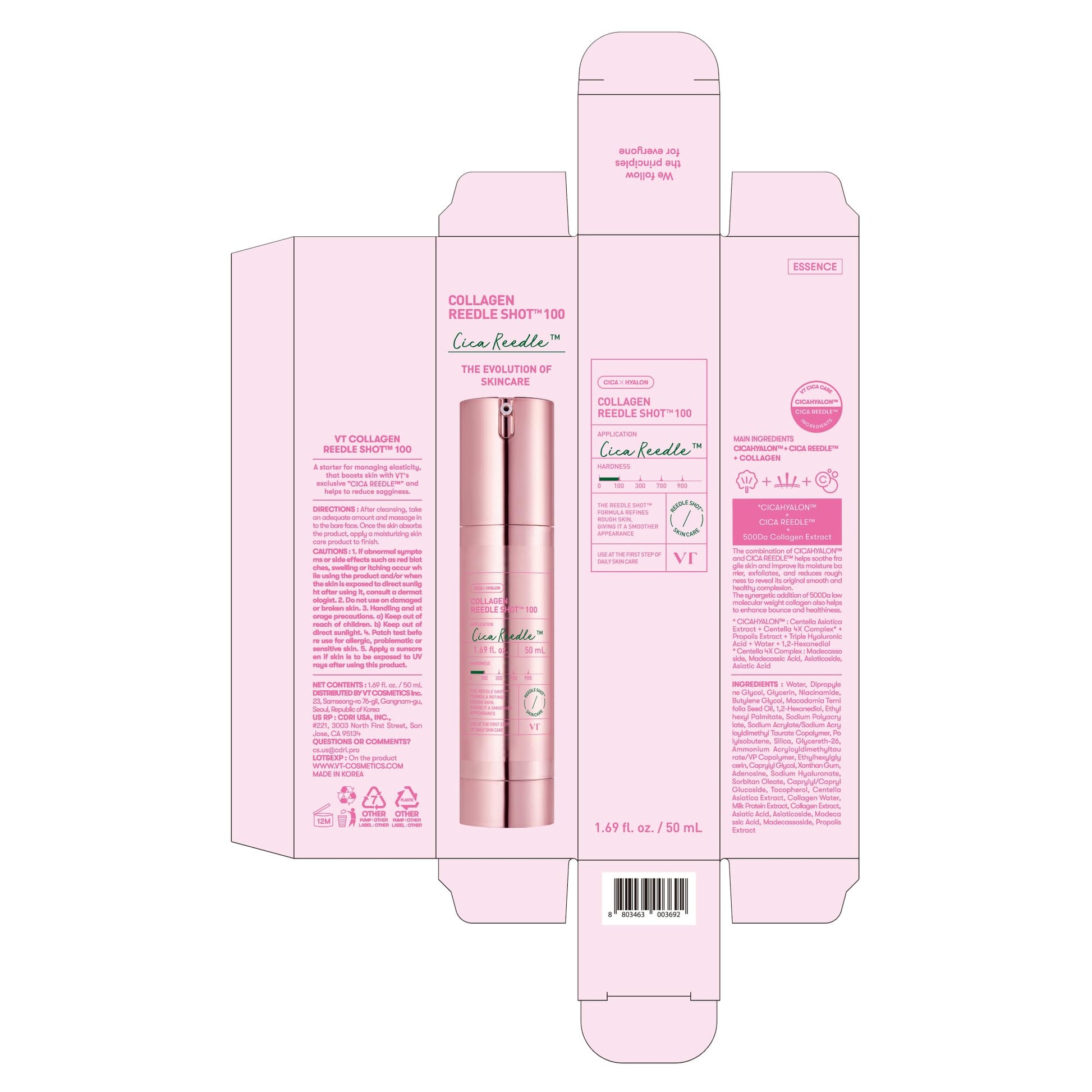 VT COSMETICS Collagen Reedle Shot 100, Microneedling Serum, Firming & Elasticity, 500Da Collagen Extract, Soft & Glass Skin, Pink Serum, Korean Skin Booster 1.69Fl Oz(50ml) - Medaid International