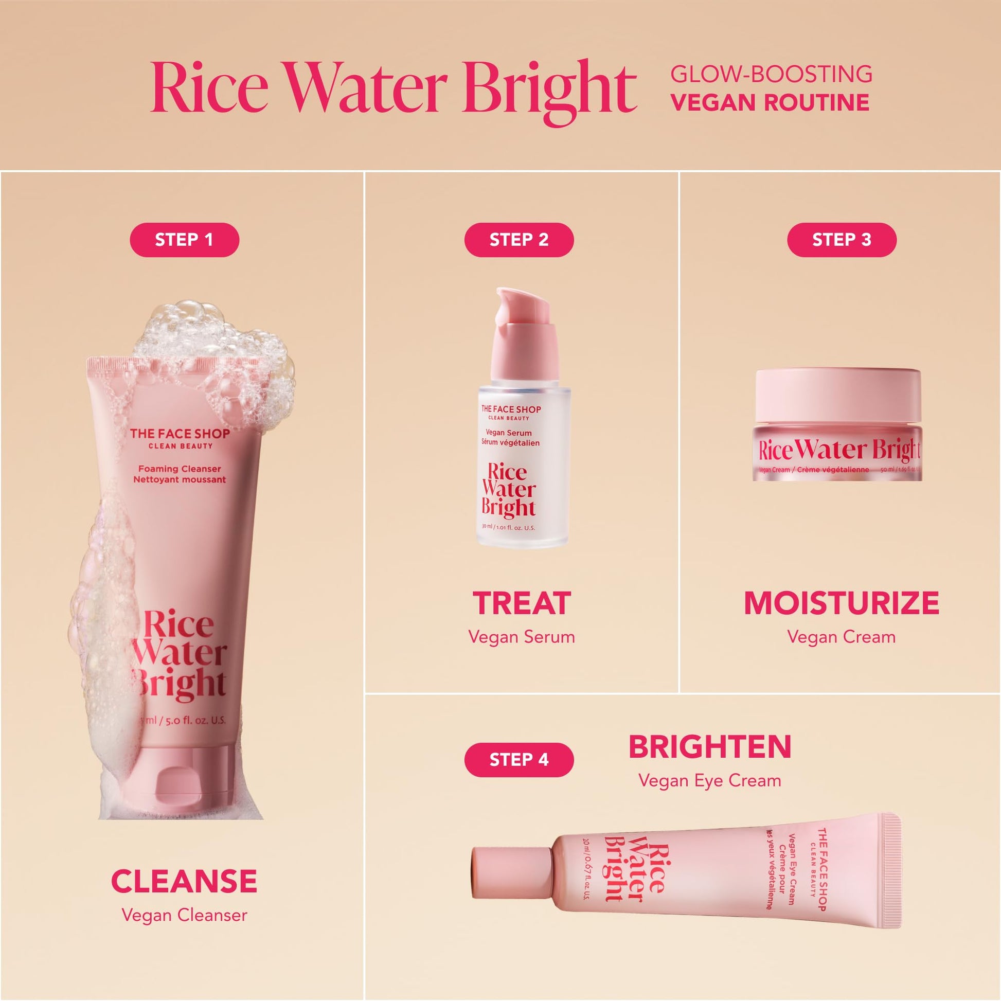 The Face Shop Rice Water Bright Travel Kit, Korean Skin Care Set with Ceramide, Gift Set - Gentle Face Wash & Vegan Skin Care (Serum, Cream, Eye Cream), Hydrating for Dry Skin, Daily Face Moisturizer - Medaid International