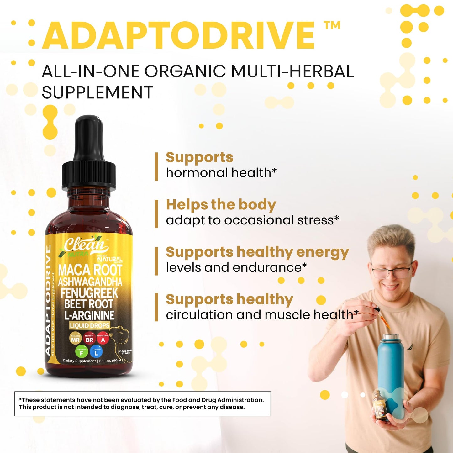 Clean Nutra Organic Maca Root Liquid Drops with Ashwagandha, Fenugreek, Beet Root and L-Arginine Liquid Multivitamin for Women and Men - Adapto Drive - Medaid International