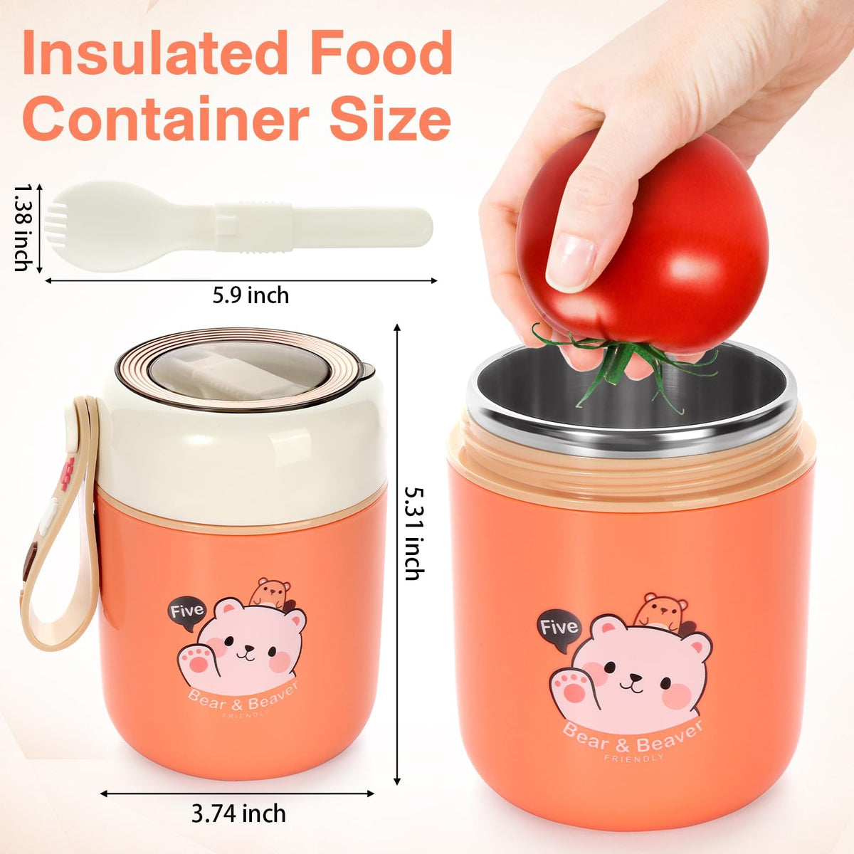 TERRIFI Food Jar Lunch Box, Vacuum Insulated Food Flask, with Folding Spoon, 15.4 oz Stainless Steel Lunch Box for Kids, BPA Free Leakproof Thermal, for Kids, for School Office Picnic Travel (Withe)