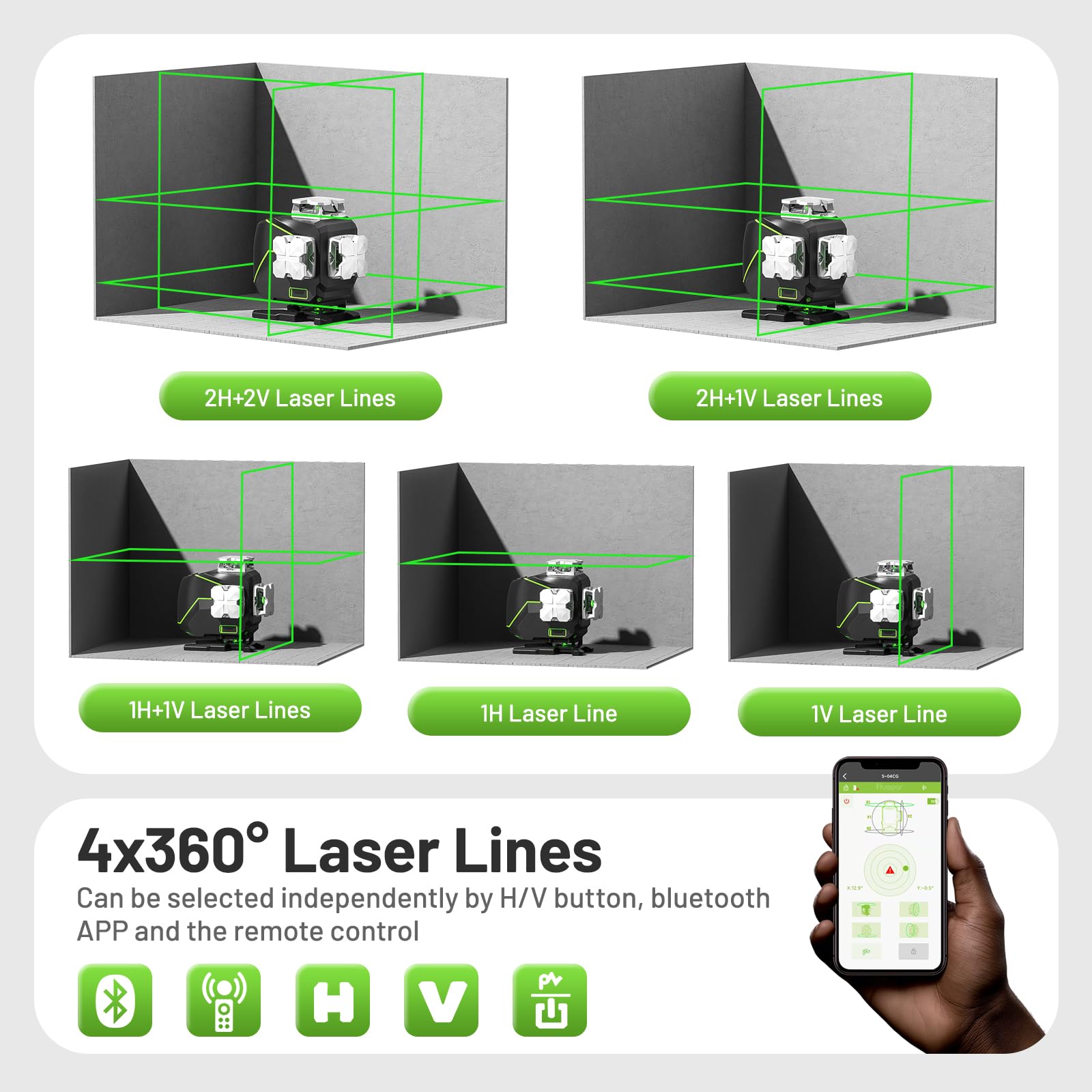 Huepar Laser Level 360 Self Leveling, 4x360° Green 4D Cross Line Laser with LCD Screen, Bluetooth Outdoor Pulse Mode Laser Tool for Construction -Remote Control, Li-ion Battery or 4 AA Batteries-S04CG - Medaid International