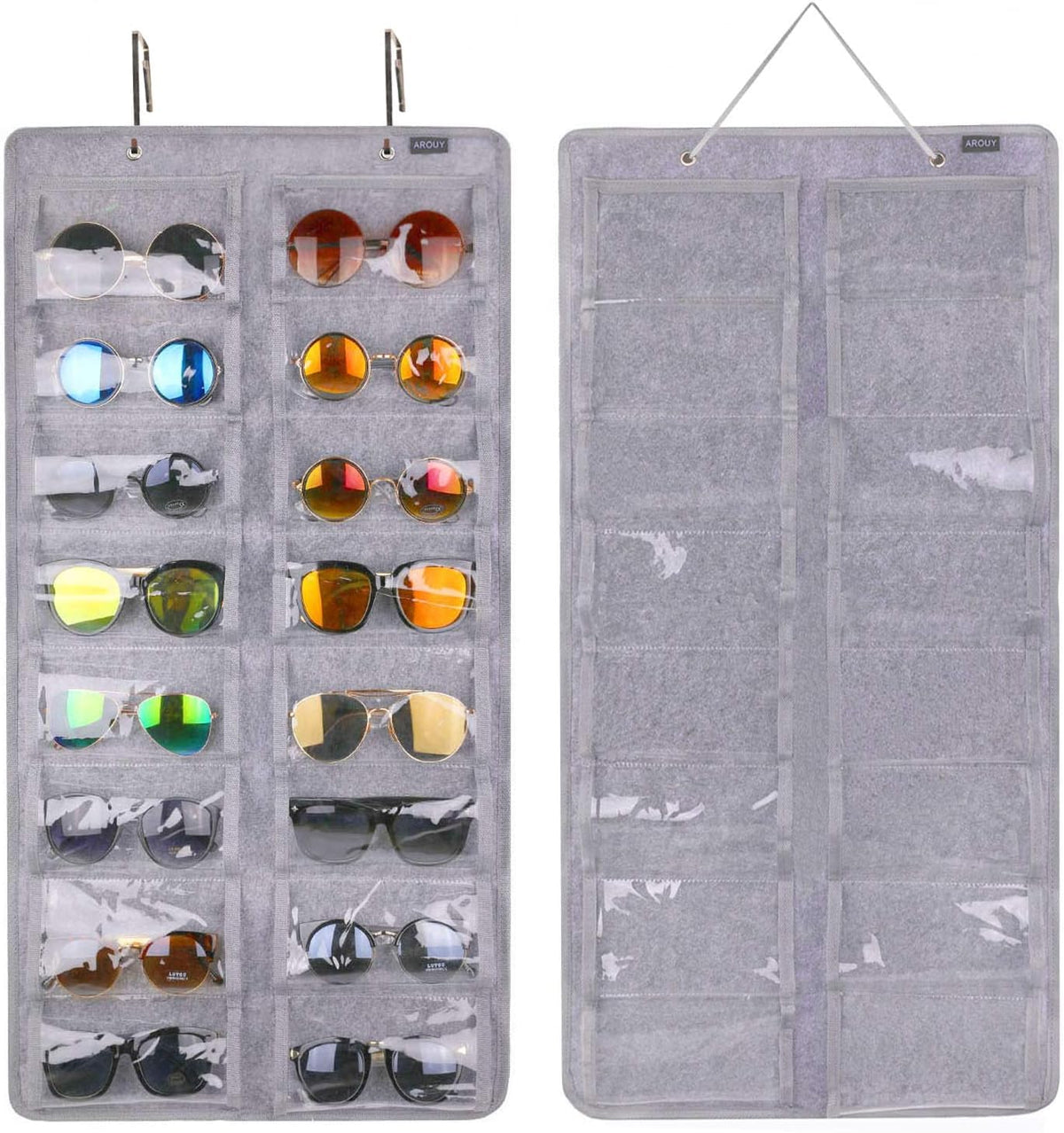 TERRIFI Sunglasses Organizer and Storage Bag - Hanging Dust Proof Wall Pocket With 16 Felt Slots Double Sided Holder - 2 Pack