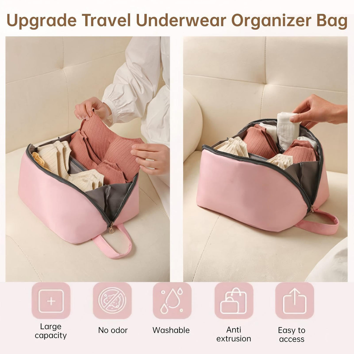 TERRIFI Travel Underwear Organizer Bag, Portable Bra and Lingerie Storage Pouch with Liner, Large Packing Cube for Underwear, Socks, Cosmetic, and More - Ideal for Travel and Home Use (Pink)