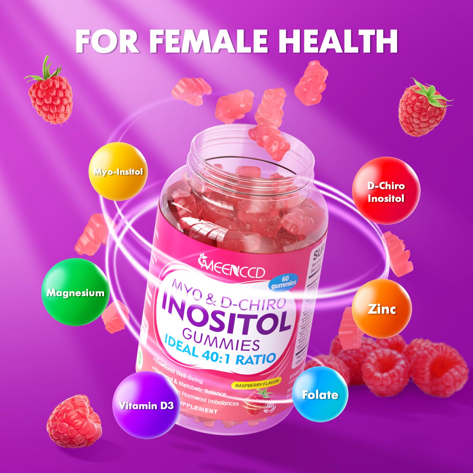 2 Pack Myo-Inositol & D-Chiro Inositol Gummies, 40:1 Ratio Inositol with Vitamin D3, Magnesium Glycinate, Folate & Zinc, Inositol Supplement for Female Health & Wellness, Raspberry Flavor, 120 Count - Medaid International