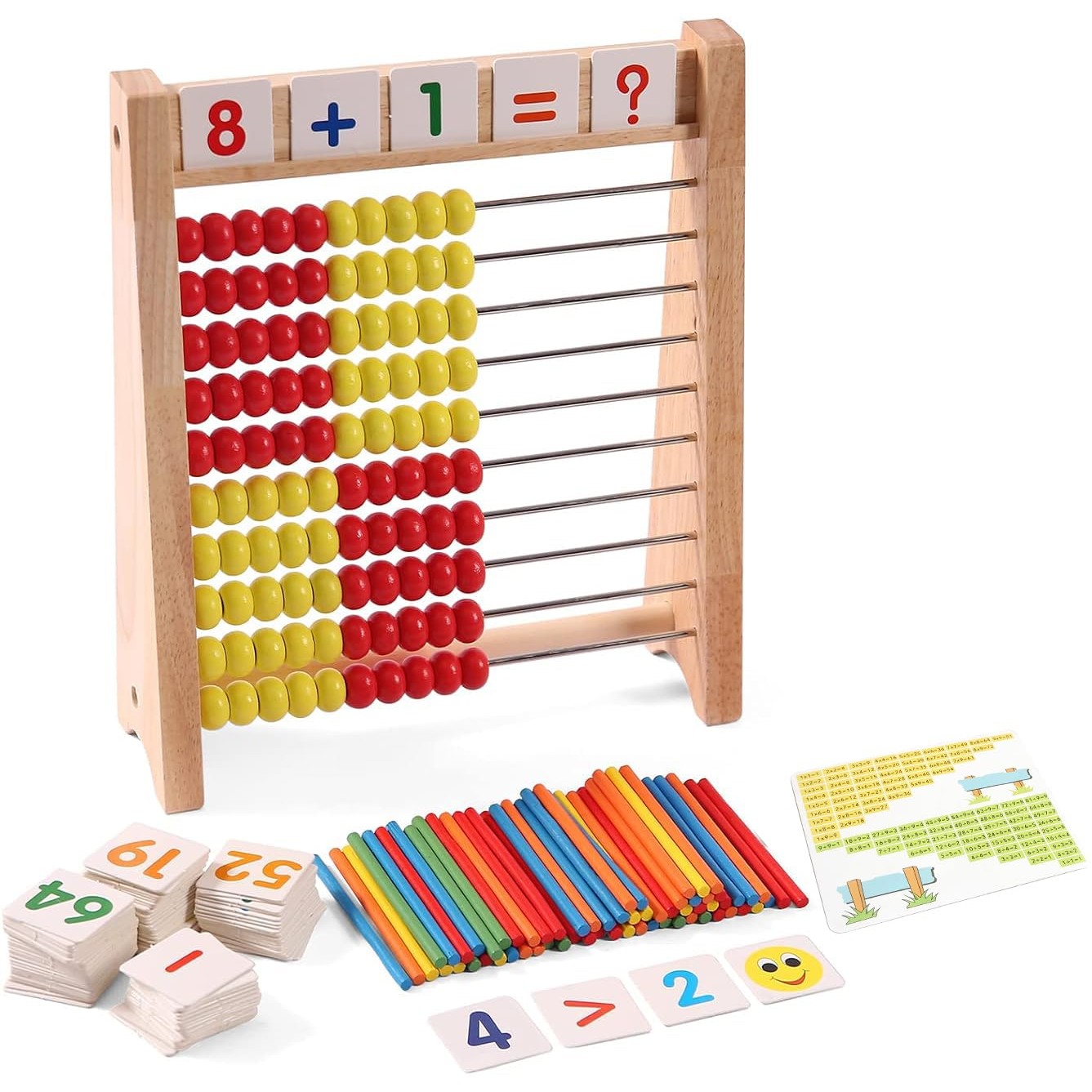 Elvozvets Wooden Abacus for Kids - Math Learning Tool with Counting Sticks & Numbers 1-100 Cards & Counters - Educational Toy for Preschool Boys & Girls - Medaid International