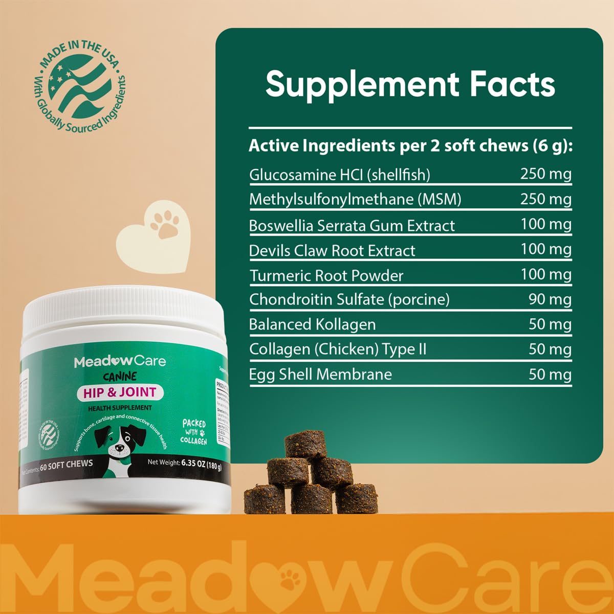 Hip and Joint Supplement for Dogs | MSM, Chondroitin & Glucosamine for Dogs | Supports Bone, Cartilage & Connective Tissue Health | Dog Joint Supplement | 60 Soft Chews180 g (6.35 oz) | MeadowCare