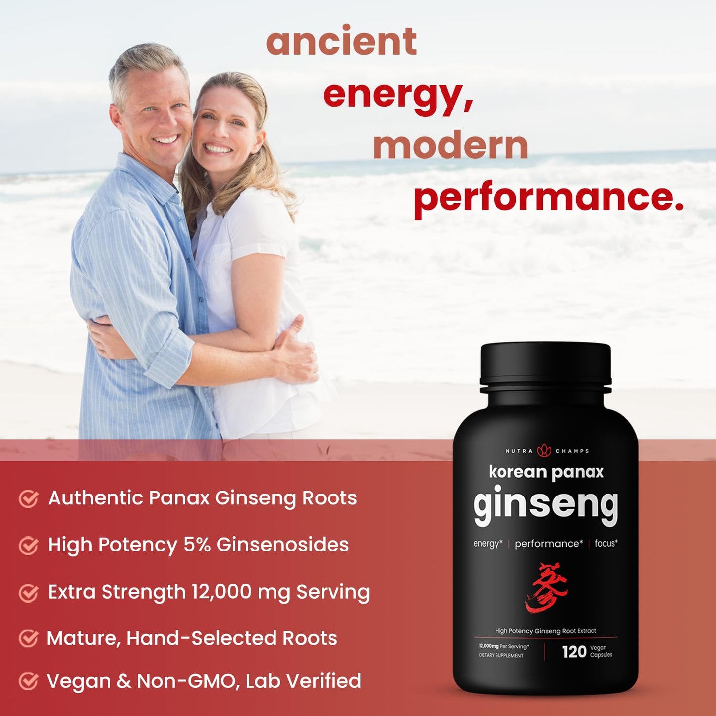 NutraChamps Korean Red Panax Ginseng Capsules | Extra Strength Ginsenosides for Energy, Focus, Performance, Vitality & Immune Support | Korean Ginseng Root Extract (120, Red) - Medaid International