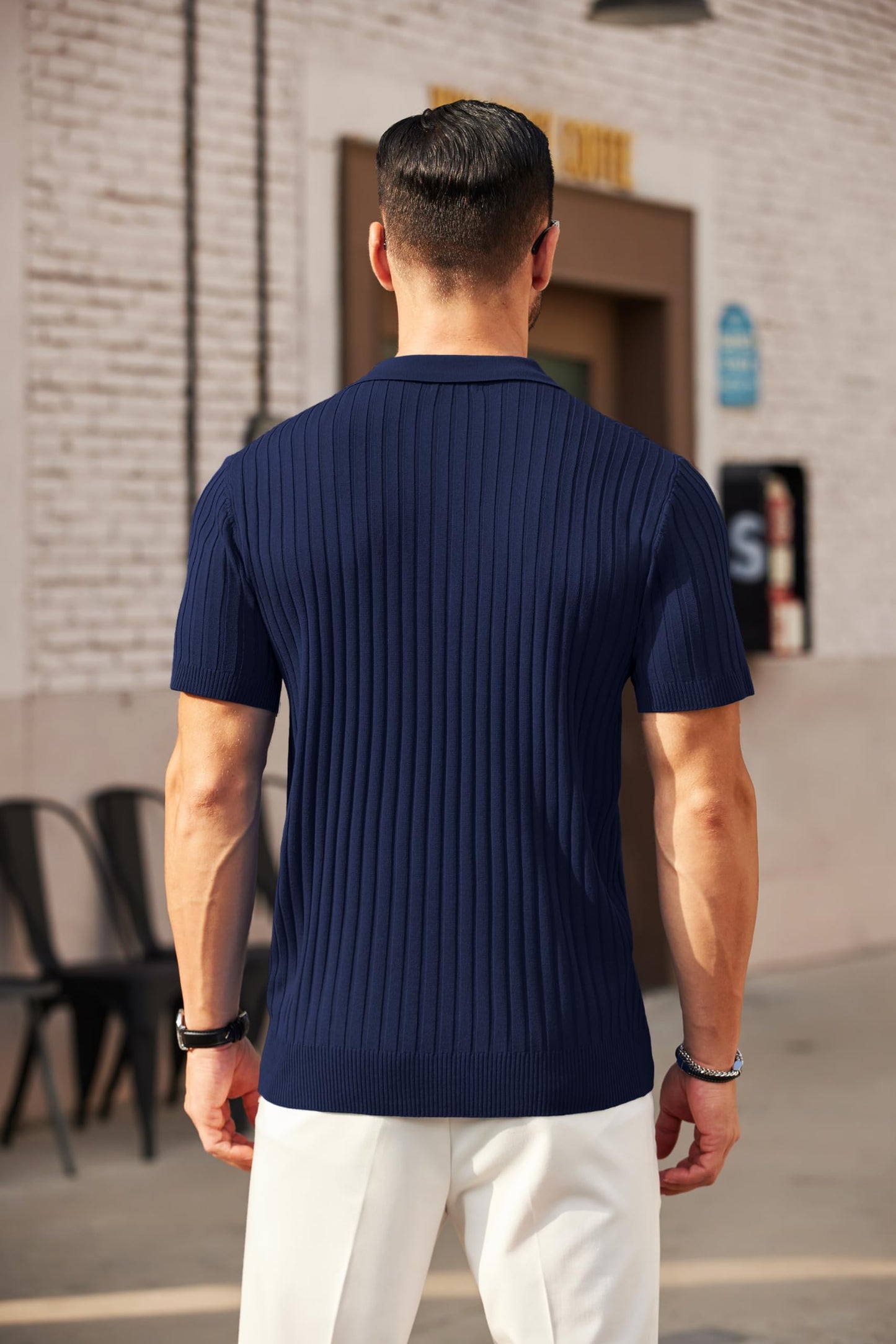 COOFANDY Men's Zipper Polo Shirts Short Sleeve Ribbed Knit Polo T Shirts Fashion Casual Golf Shirts Navy Blue - Medaid International