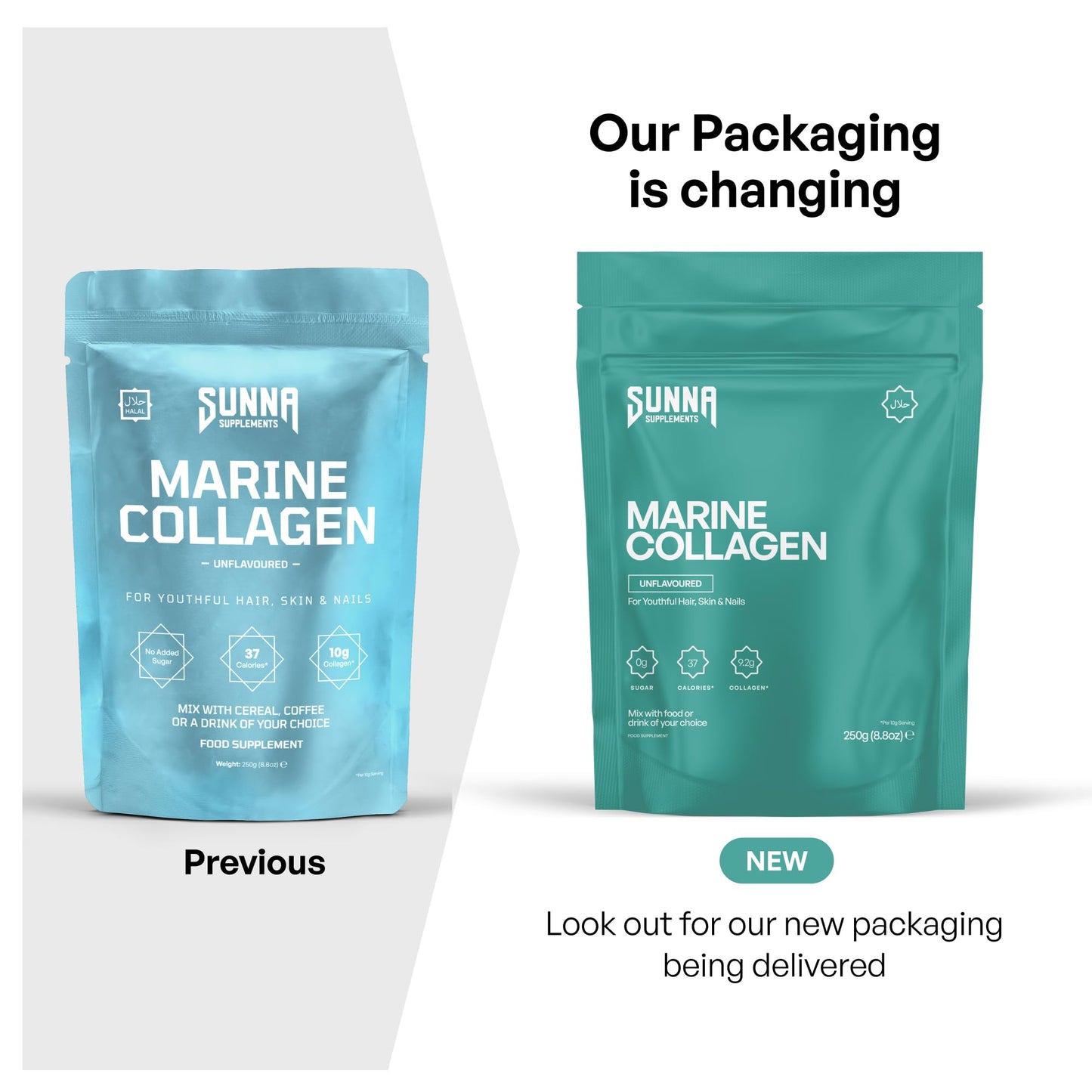 SUNNA SUPPLEMENTS Marine Collagen Powder - Pure Fish Peptides (Type 1 Collagen) - High Strength for Skin, Hair, Nails, and Joints - Non-GMO & Unflavoured - 250g Pouch - Medaid International