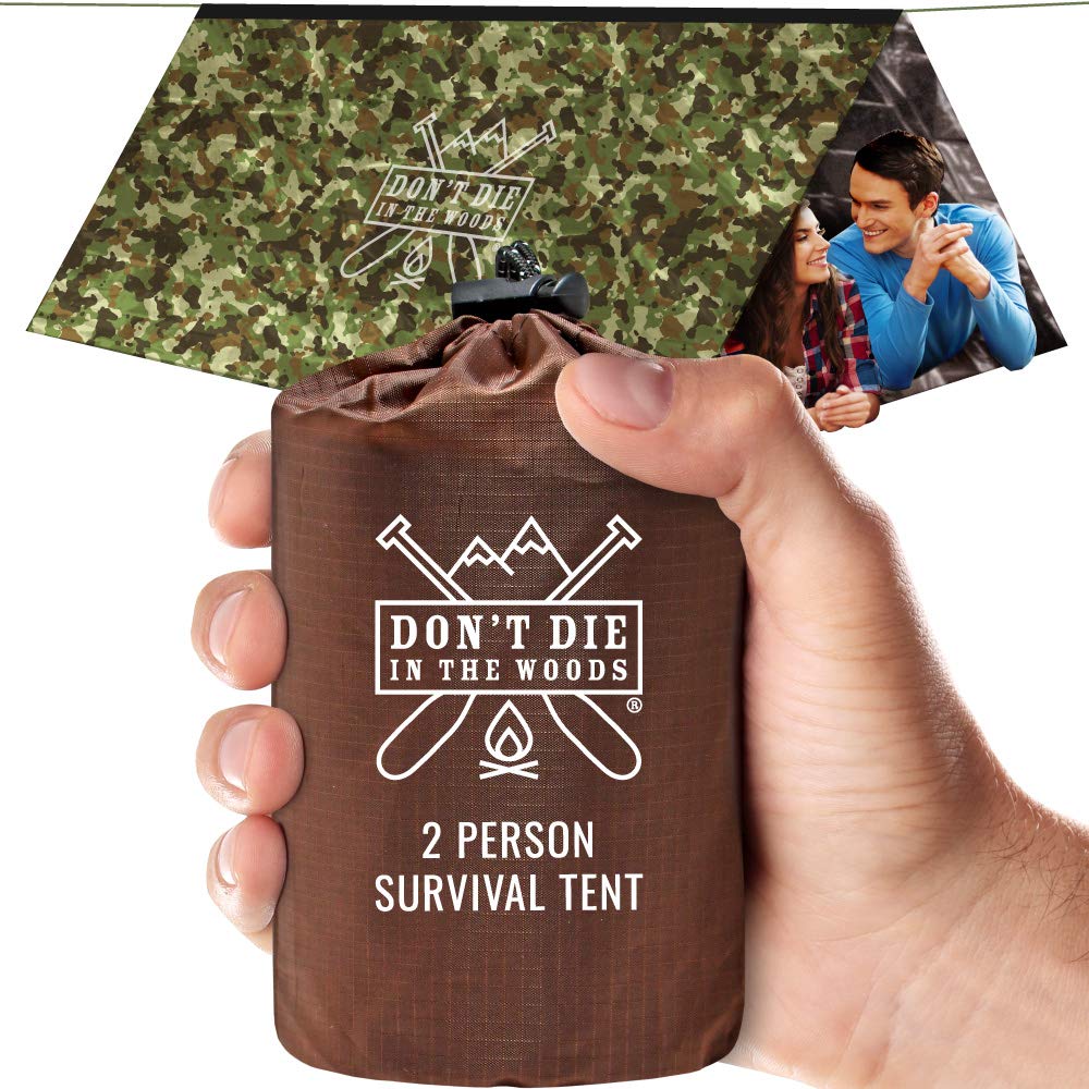 Don't Die In The Woods - Survival Tent - Made with Extra-Thick Space Blanket Thermal Mylar - Emergency Shelter Tube Tent - One of The 10 Essentials for Hiking, Camping, First Aid Kits (Camo)