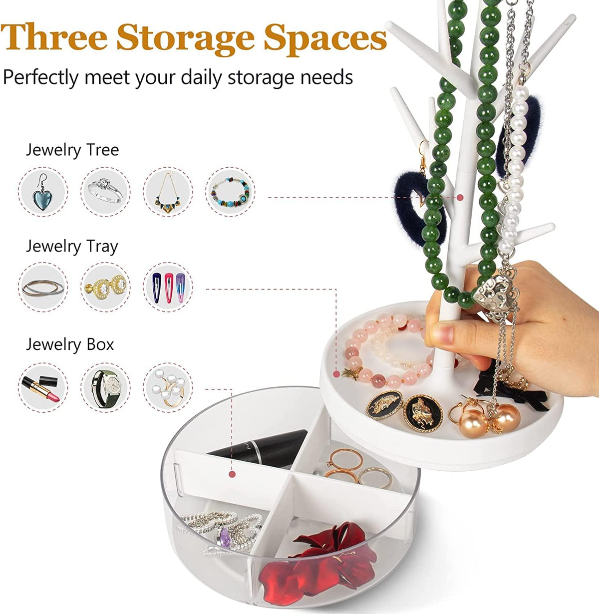 TERRIFI Jewelry Stand, Branch Jewelry Rack With With Rotatable Base and Storage Box, Tree Tower Rack, Hanging Organizer for Ring Earrings Necklace Bracelet Display Stand for Bangles, Watch