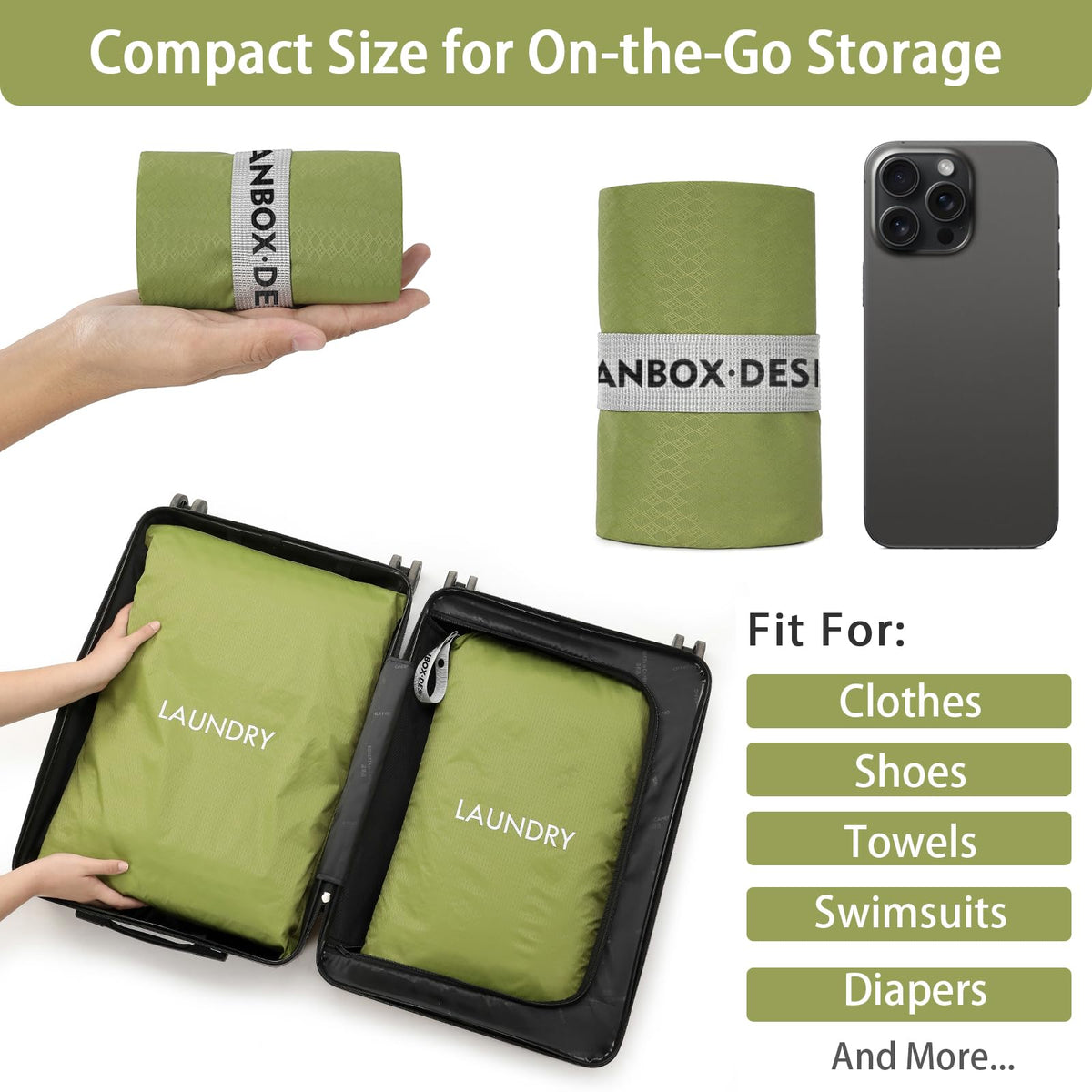 2 Pack Laundry Bags, KASTWAVE Travel Laundry Bag for Dirty Clothes, Wet Bag for Swimwear, Yoga, Workout & Bathing Suits, Waterproof Storage Bags (Green)