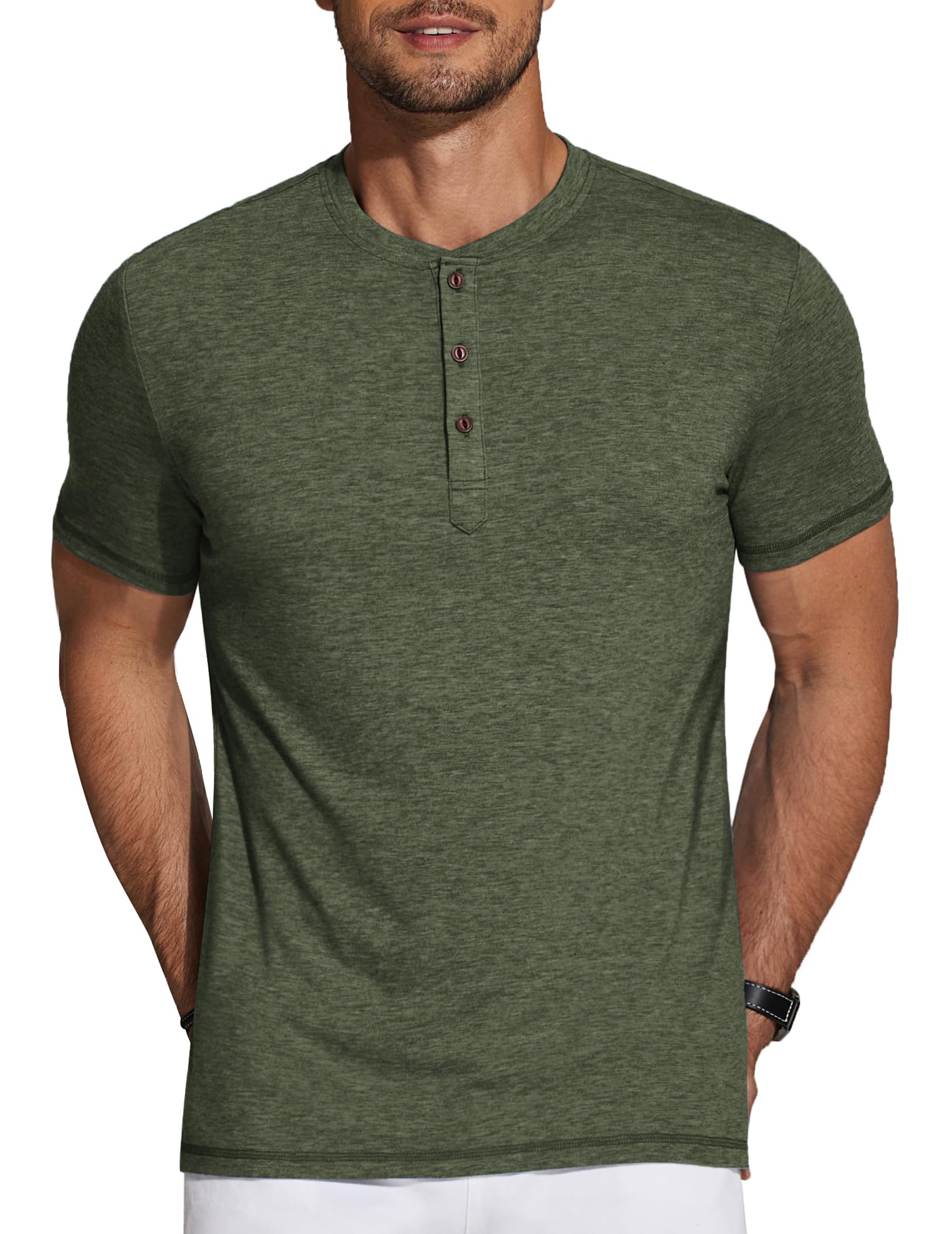 COOFANDY Men's Henley Short Sleeve Shirts Casual Button Henley Basic Tee Solid Fashion Shirts Dark Green - Medaid International