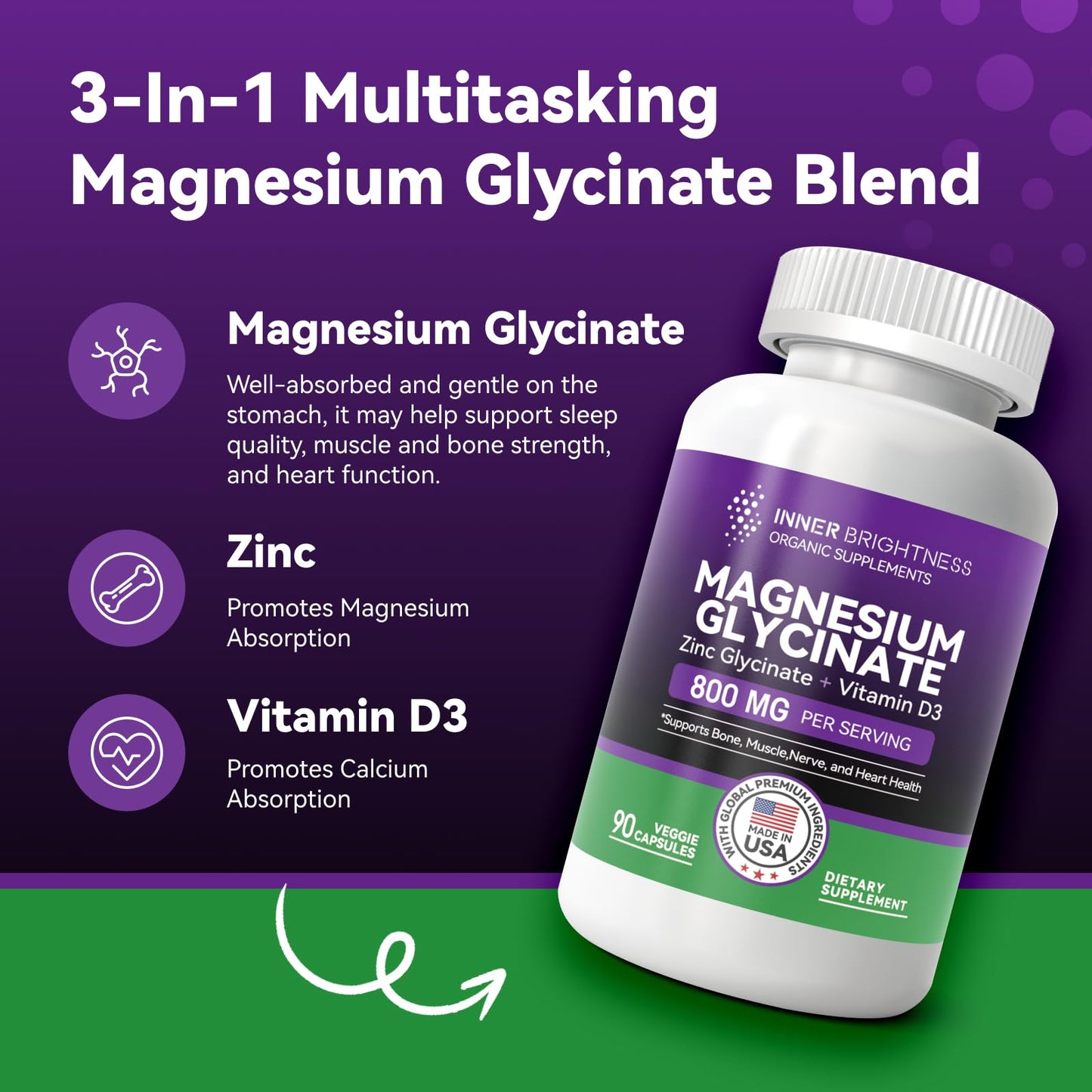 Magnesium Glycinate - Magnesium Supplement with Zinc & Vitamin D3 for Sleep, Immune, Bone & Muscle Support and Heart Health - Non-GMO, Gluten-Free, Gentle on Stomach - 180 Vegetarian Capsules - Medaid International