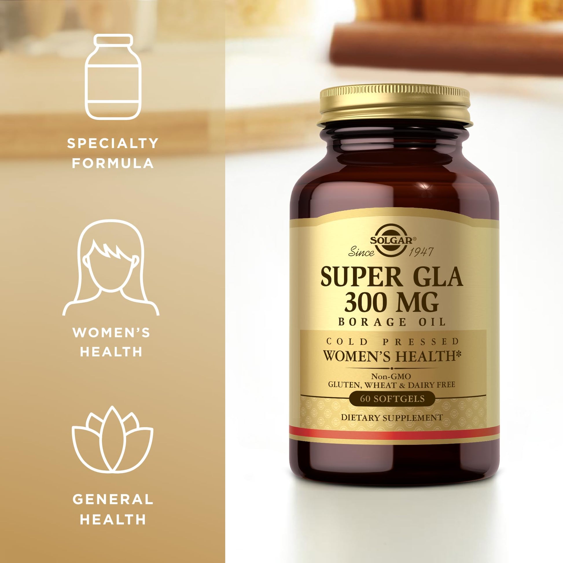 Solgar Super GLA 300 mg - 60 Softgels - Cold-Pressed Borage Oil for Women’s Health - Non-GMO, Gluten Free, Dairy Free - 60 Servings - Medaid International