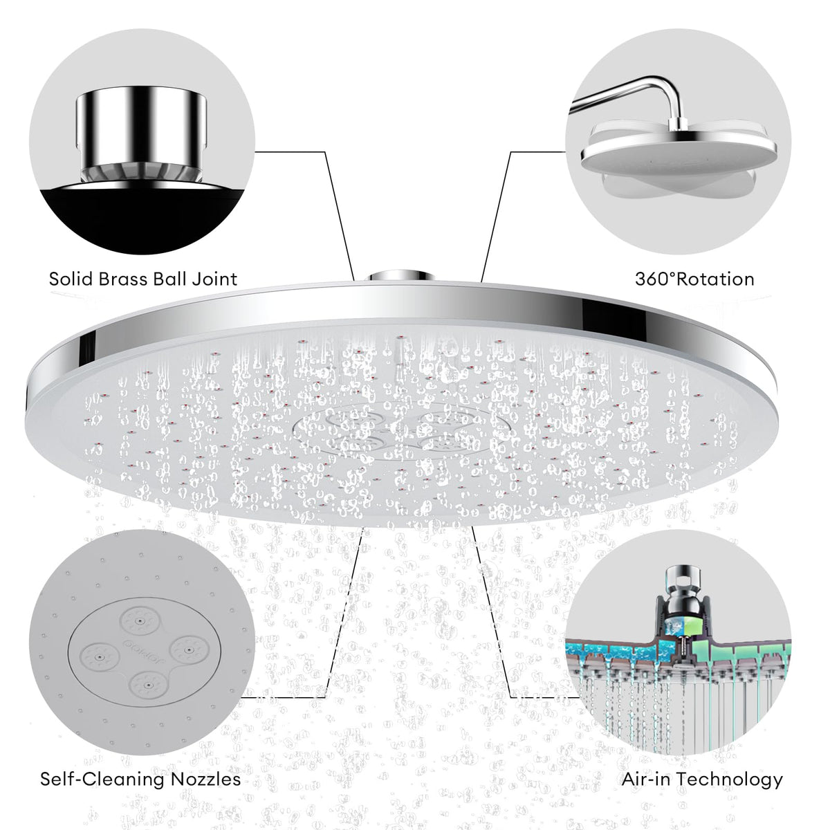 JOMOO Rain Shower Head, 9 inch High Pressure Rainfall Showerhead, Ultra-Thin Design Automatic Descaling Rainfall Fixed Shower Head with Silicone Nozzle (228mm, Chrome)