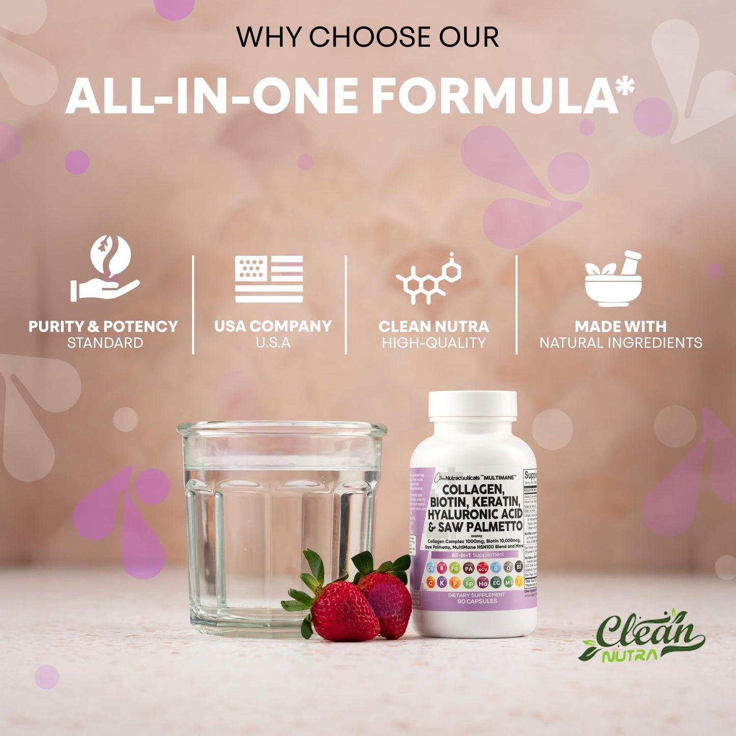 Clean Nutraceuticals Collagen Pills 1000mg Biotin 10000mcg Keratin Saw Palmetto Hyaluronic Acid - Hair Skin & Nails Vitamins & DHT Blocker with Vitamin E Folic Acid Pumpkin Seed MSM - 90 Count - Medaid International