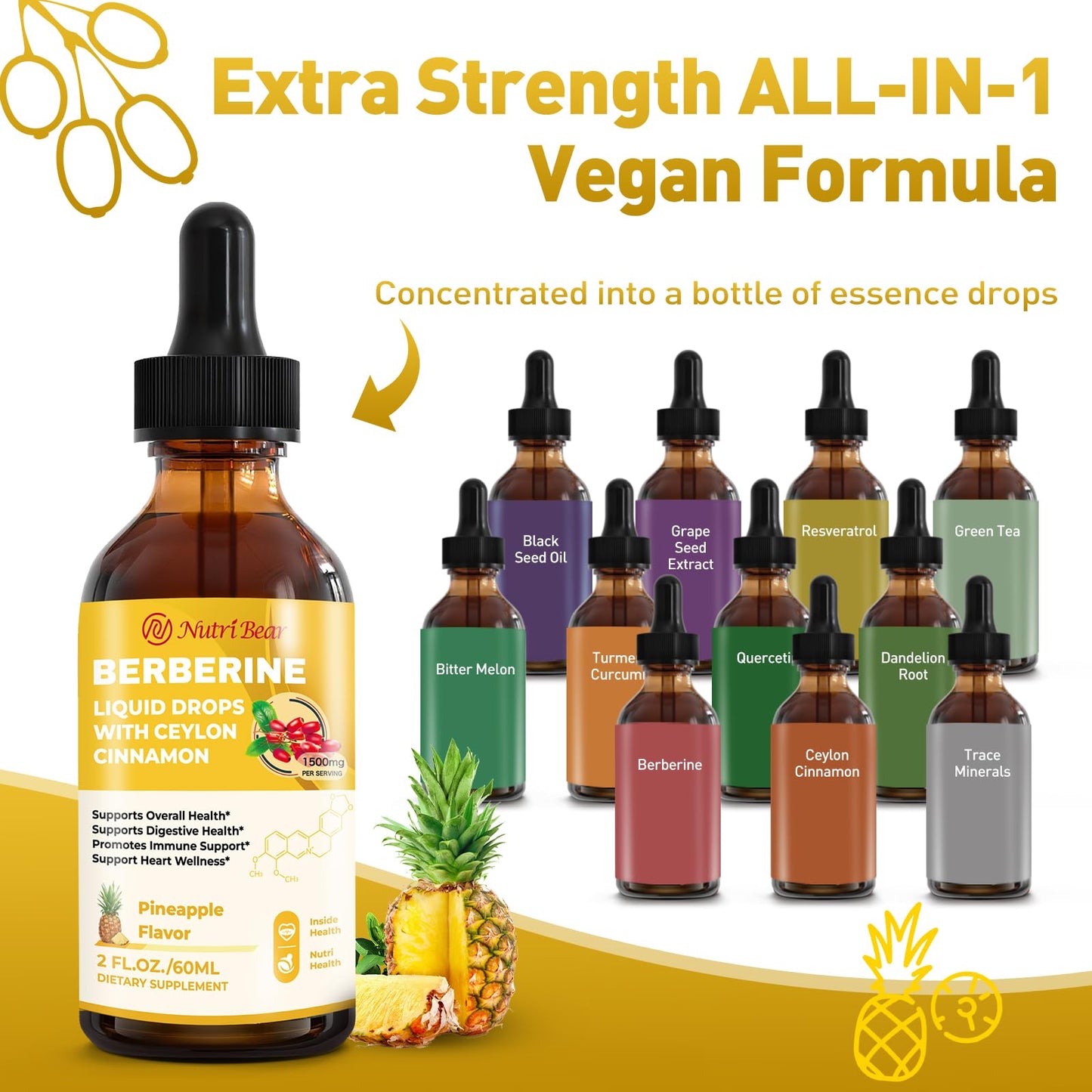 Berberine Supplement with Ceylon Cinnamon, Berberine HCL Liquid Drops with Turmeric, Bitter Melon, Quercetin, 10X Strength AMPK for Digestion System, Immune Health Support -Vegetarian, 2 fl oz - Medaid International