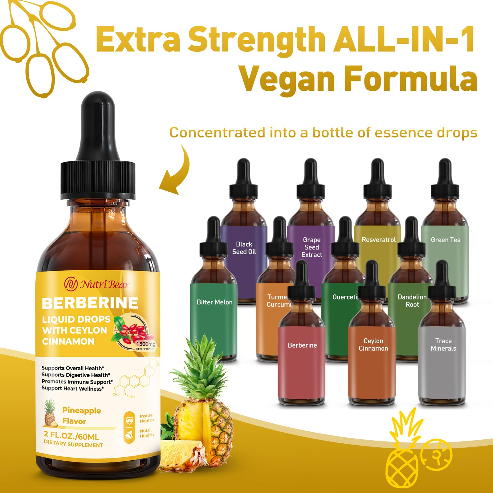 Berberine Supplement with Ceylon Cinnamon, Berberine HCL Liquid Drops with Turmeric, Bitter Melon, Quercetin, 10X Strength AMPK for Digestion System, Immune Health Support -Vegetarian, 2 fl oz - Medaid International