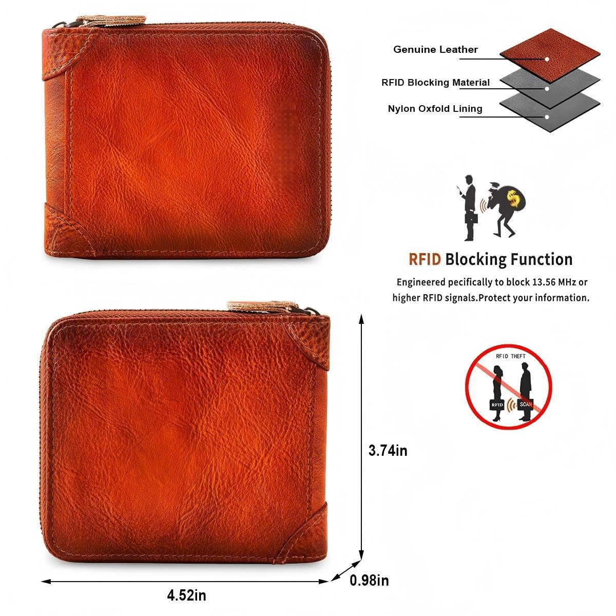 KASTWAVE Men's Genuine Leather Wallet RFID Blocking Protection, Large Capacity Bifold Multi-card Leather Wallets and Coin Purse for Men Gift for Him