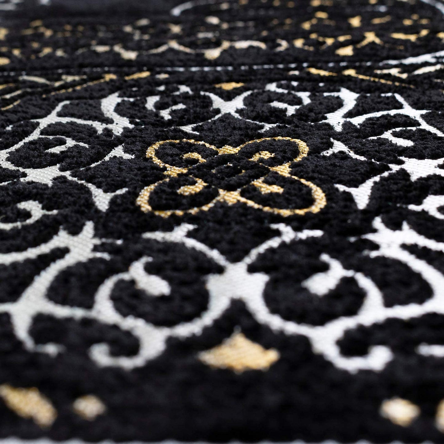 Modefa Turkish Islamic Prayer Mat Muslim Prayer Rug Islam Men Women Chenille with Praying Cap, Beads | Full Kaba Door Swirl Intricate Design (Black) - Medaid International