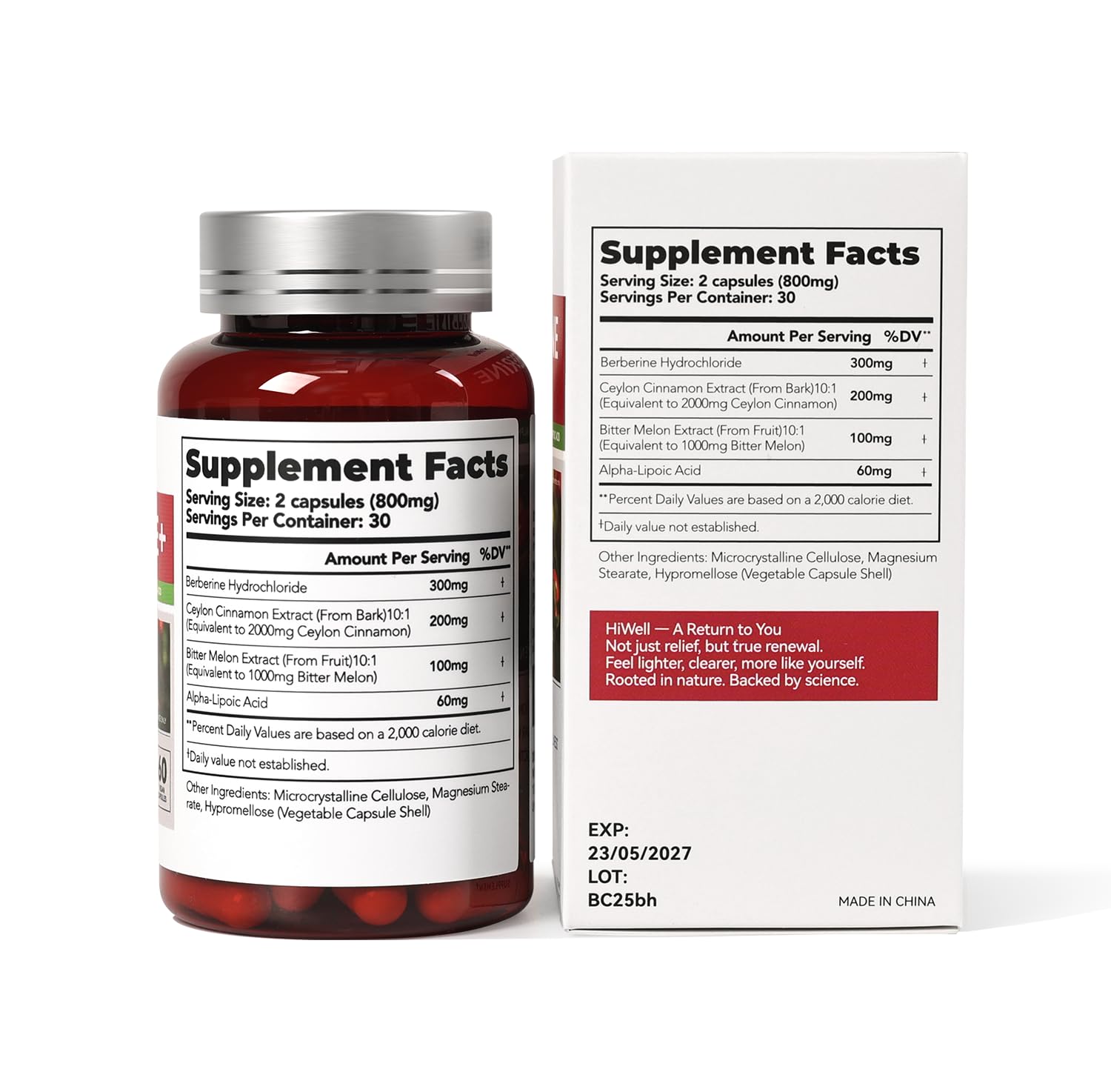 HiWell Berberine with Ceylon Cinnamon | Support Blood Sugar, Cholesterol Health & Immune* | Gluten-Free, Non-GMO & Vegan Berberine Supplement | 60 Capsules - Medaid International