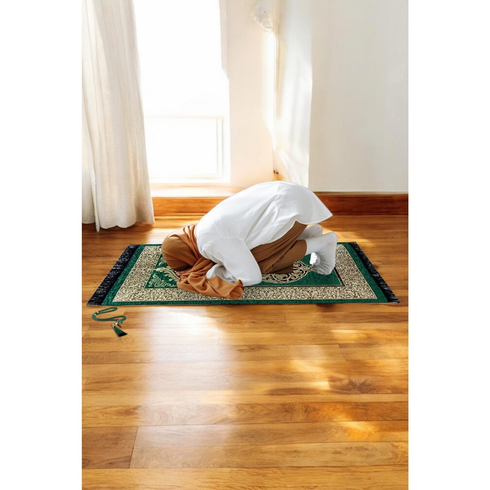 ihvan Online Muslim Prayer Rug with Prayer Beads, Janamaz, Sajadah, Soft Islamic Prayers Rug, Islamic Gift for Eid Ramadan, Prayers Carpet Mat, Chenille Fabric, Cream - Medaid International