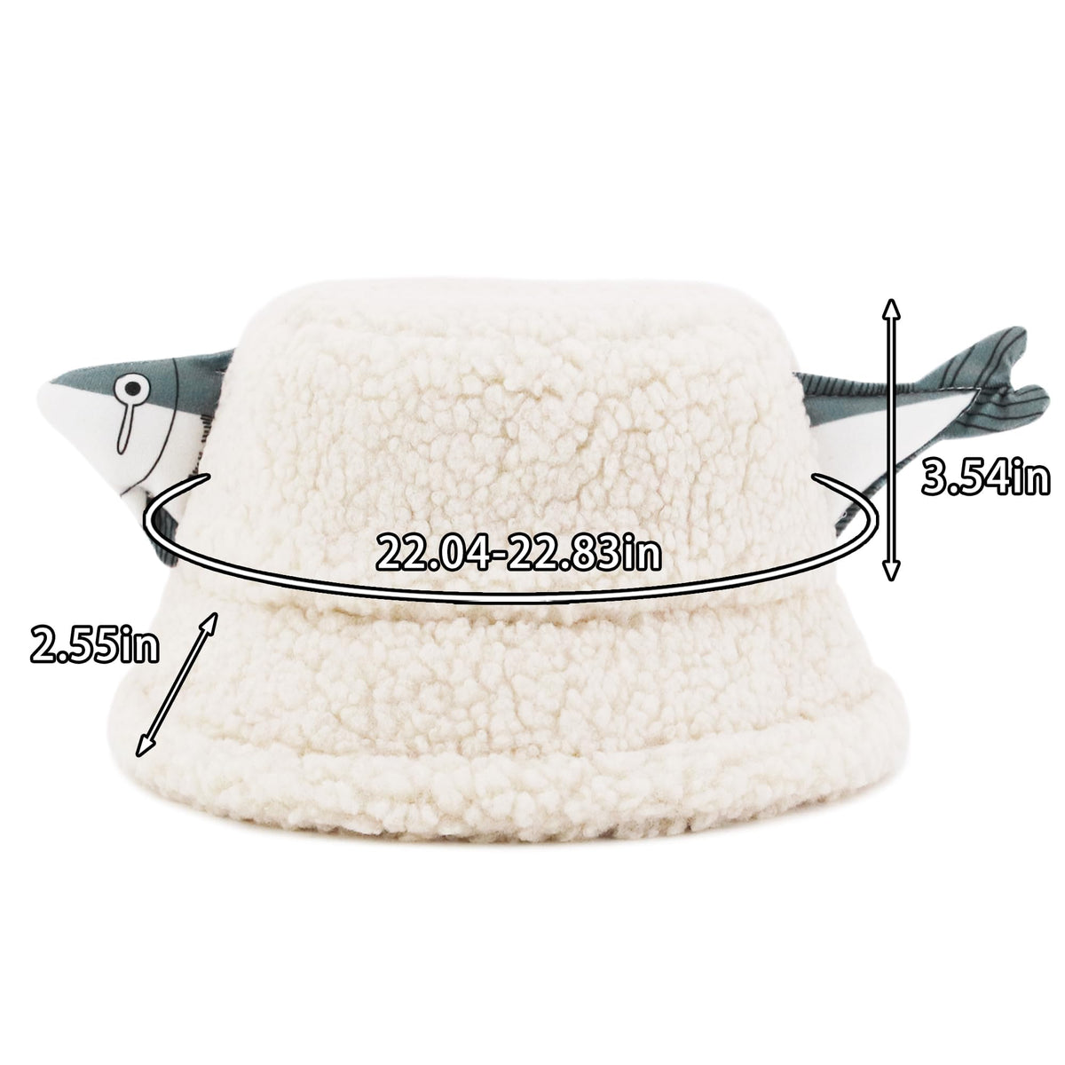 KASTWAVE Fuzzy Sherpa Bucket Hat for Men & Women, Funny Fish Design Teddy Style Winter Fisherman Cap, Warm & Cozy, Adjustable, White (Size M: 56-58cm)
