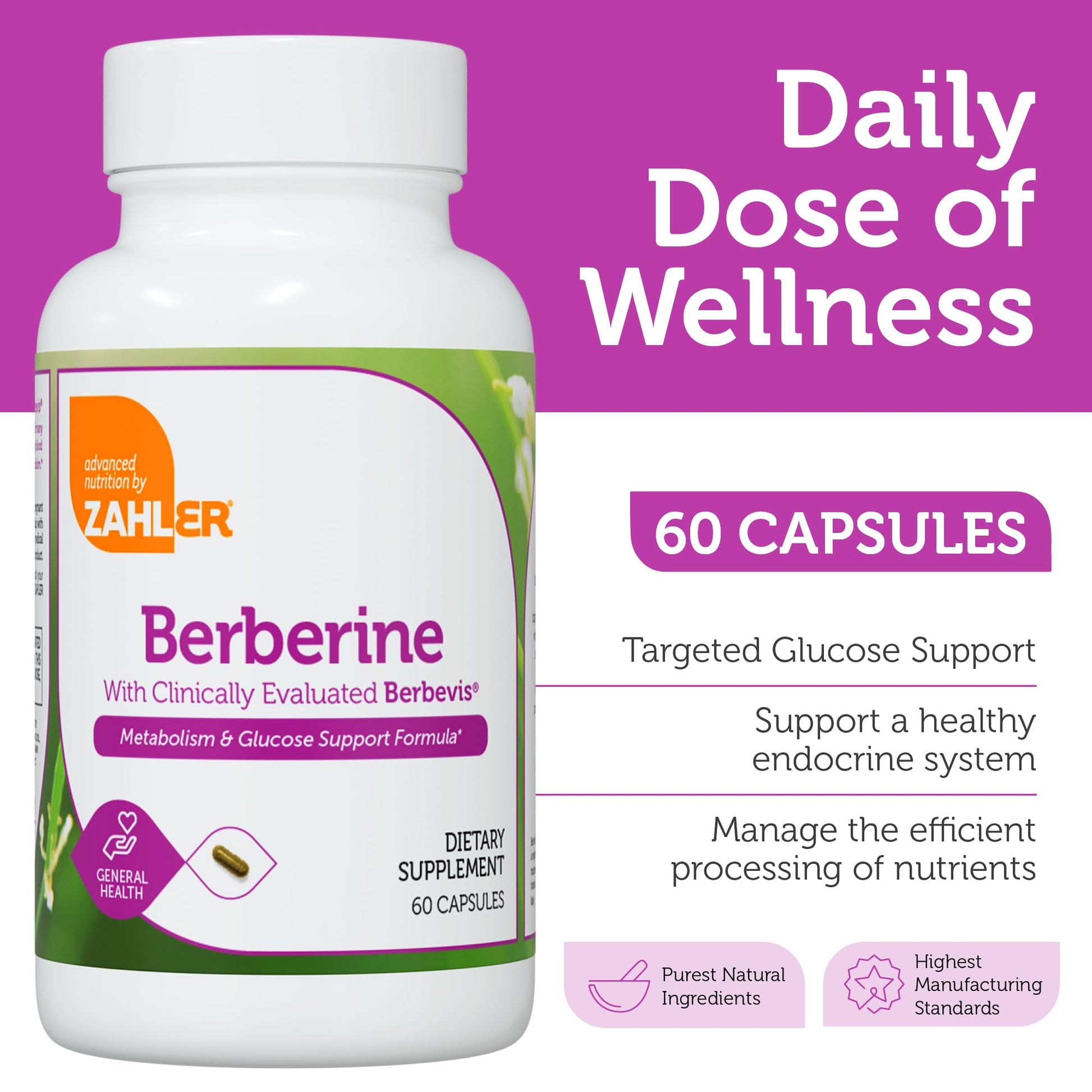 Zahler Berberine with Clinically Evaluated Berbevis, Metabolism and Glucos Support Formula, 60 Capsules. - Medaid International