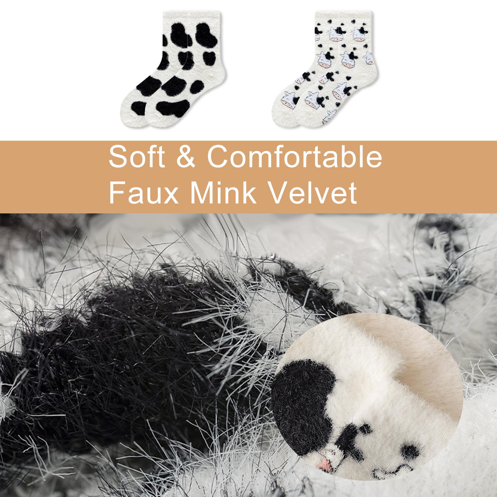 Cute Cow Print Socks for Women Fuzzy Winter Fluffy Lazy Sleeper Socks Warm Thick Cozy Trendy Christmas Gifts for Teen Girls - Medaid International