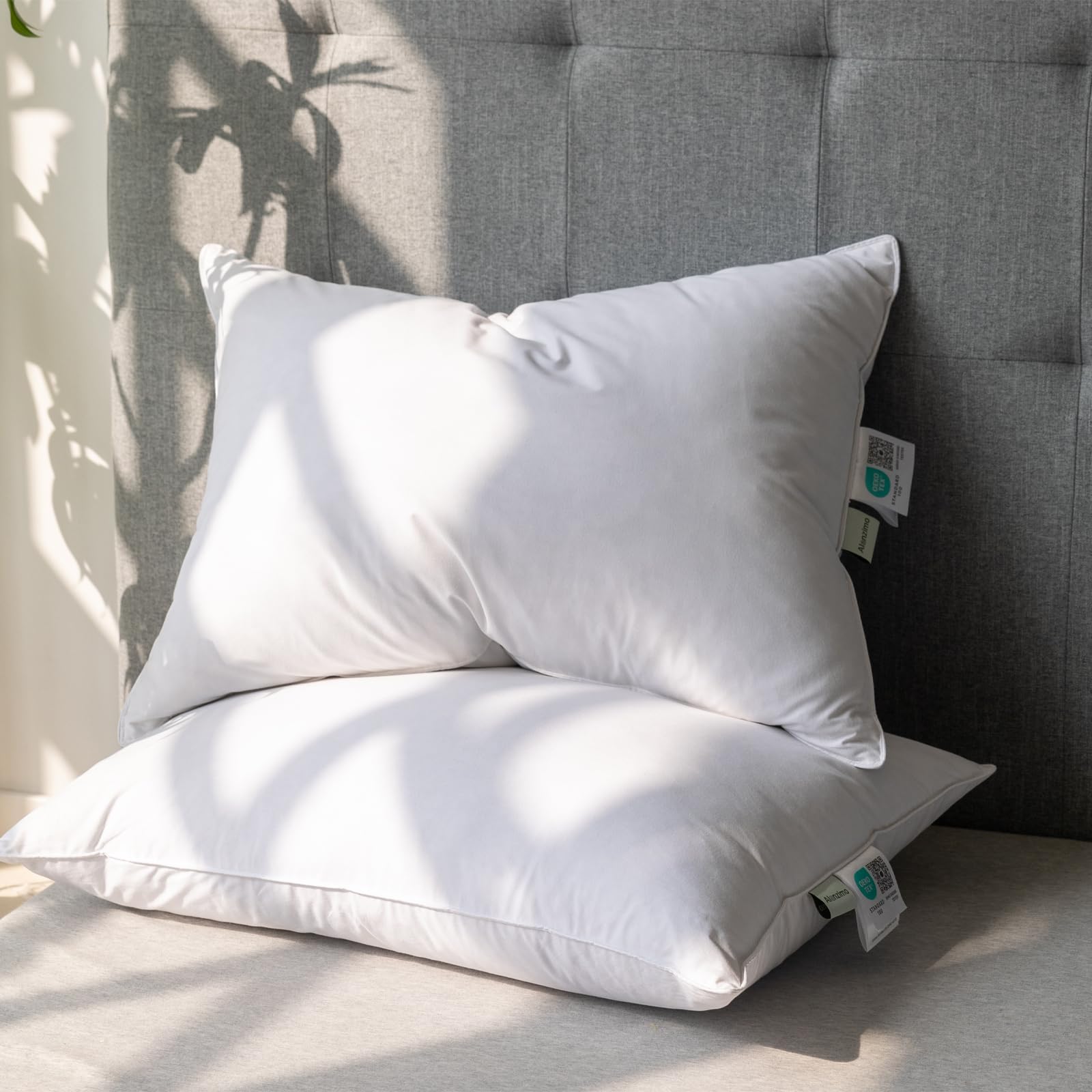 Alanzimo Goose Feathers Down Pillows Standard/Queen Size Set of 2, Luxury Soft Feather Down Pillow for Sleeping, 100% Cotton Cover Hotel Collection Bed Pillows for Back,Stomach or Side Sleepers 20x28 - Medaid International