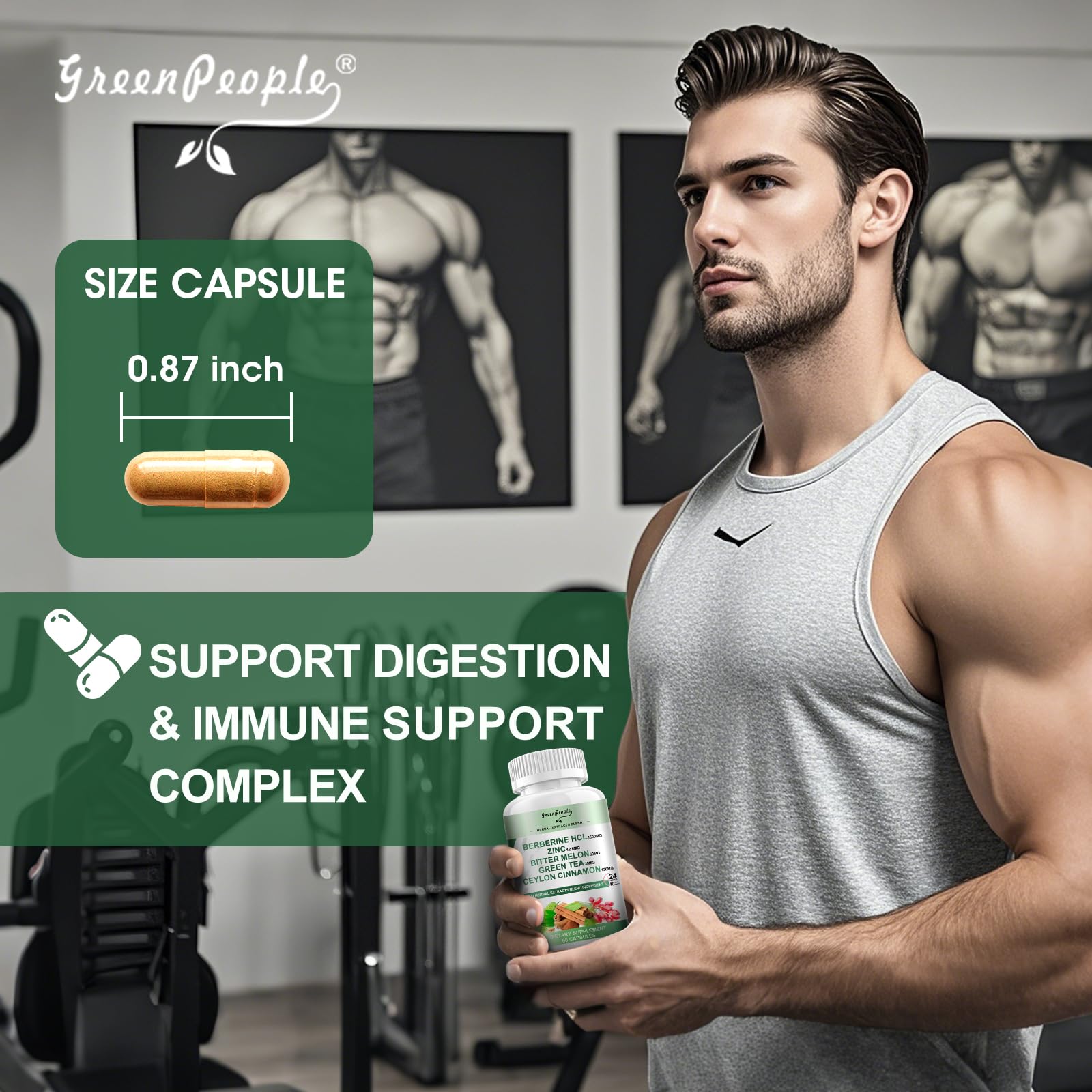 GREENPEOPLE Berberine Supplement with Ceylon Cinnamon - Berberine 1500mg Activates AMPK & GLP-1 Berberine HCL Capsules with Bitter Melon/Artichoke Extracts & Natural Herbs for Immune Support 60 Count - Medaid International