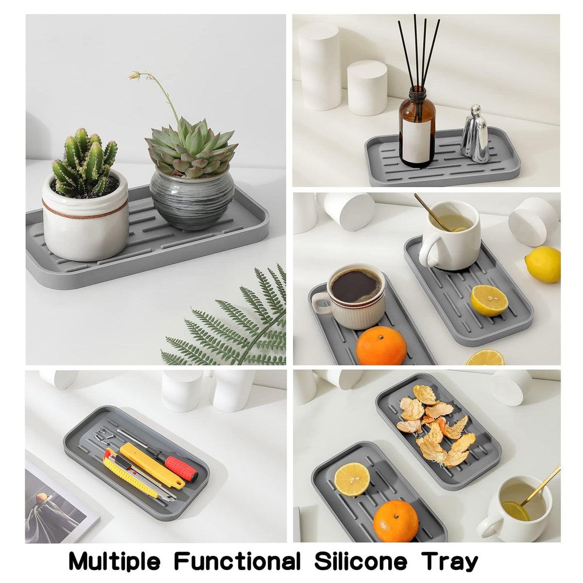 Terrifi Silicone Kitchen Sink Organizer Tray, Eco-Friendly Sponges Holder For Bathroom Counter Or Sink, Kitchen, Bathroom, Makeup, Trinkets, Cup (Grey, 10"×5.3")
