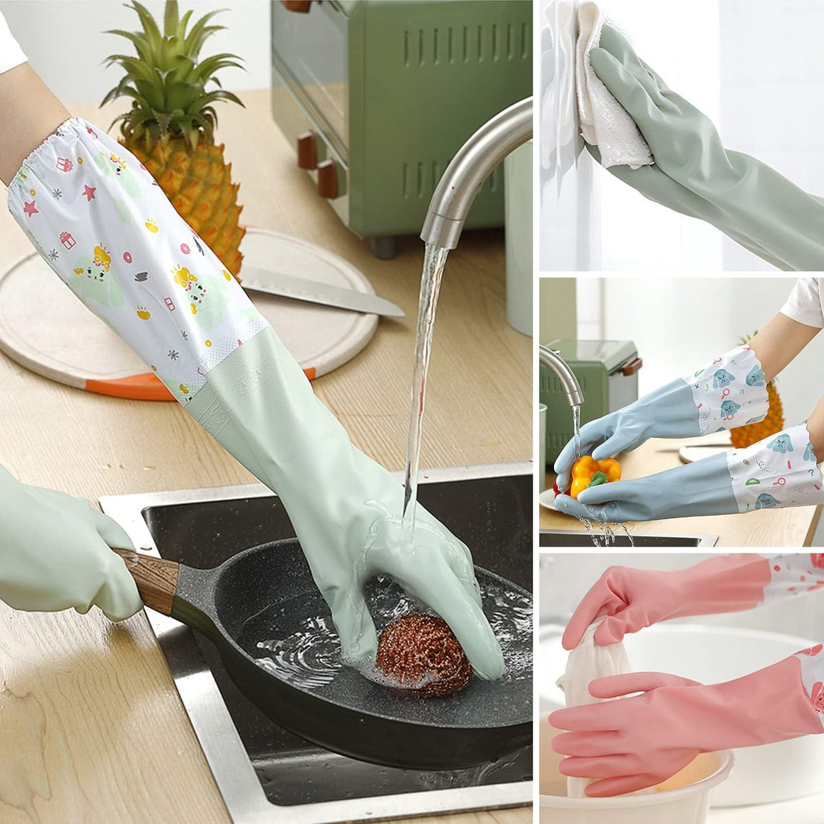 TERRIFI 3 Pcs Rubber Dishwashing Cleaning Gloves - Waterproof, Reusable Long Kitchen Gloves, Latex-Free Household Gloves for Laundry, Cleaning, Working, Gardening