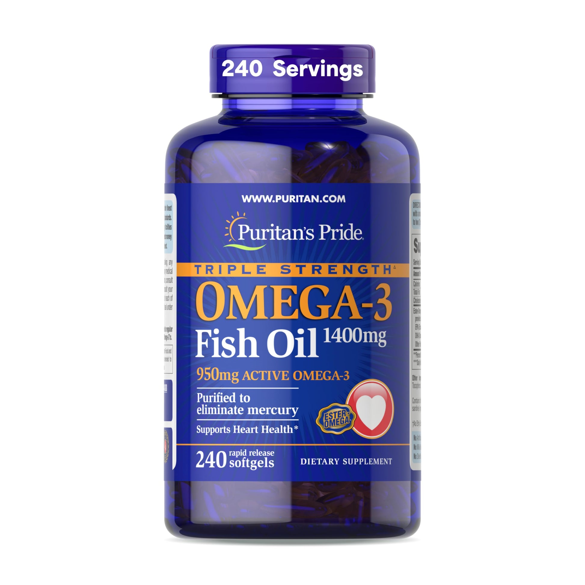 Puritan's Pride Triple Strength Omega-3 Fish Oil 1400mg, Active Omega-3 950mg, Dietary Supplement for Heart, Joint, and Cellular Health Support, 240 Rapid Release Softgels (Packaging May Vary) - Medaid International
