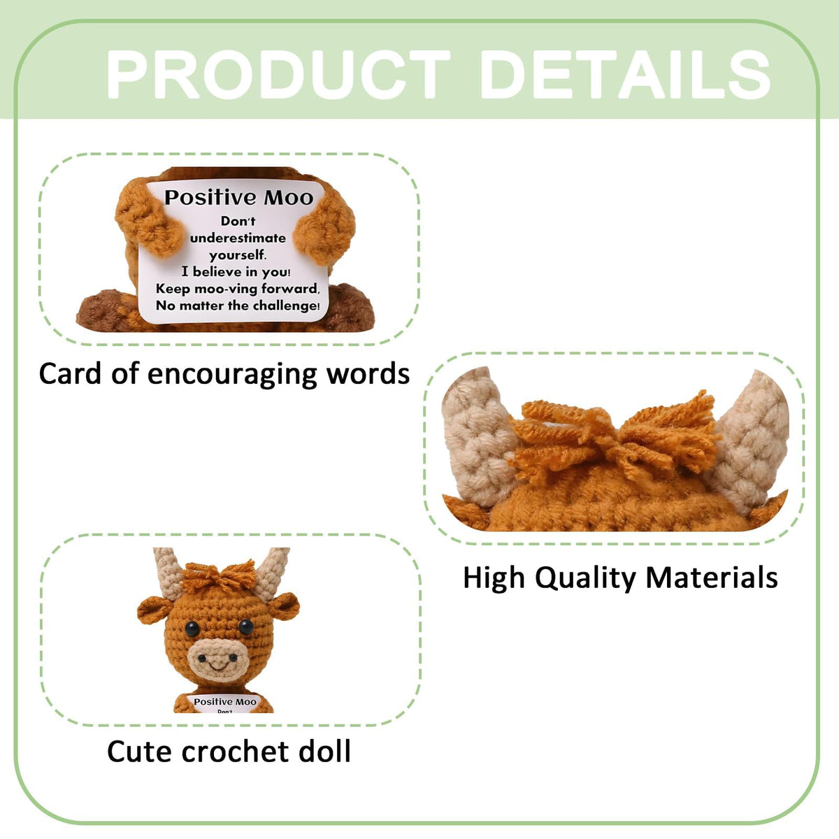 KASTWAVE Mini Positive Crochet Cow, Handmade Highland Cow Toy with Encouragement Card, Cute Crochet Animal Gift for Friends, Birthday, Good Luck & Desk Decoration
