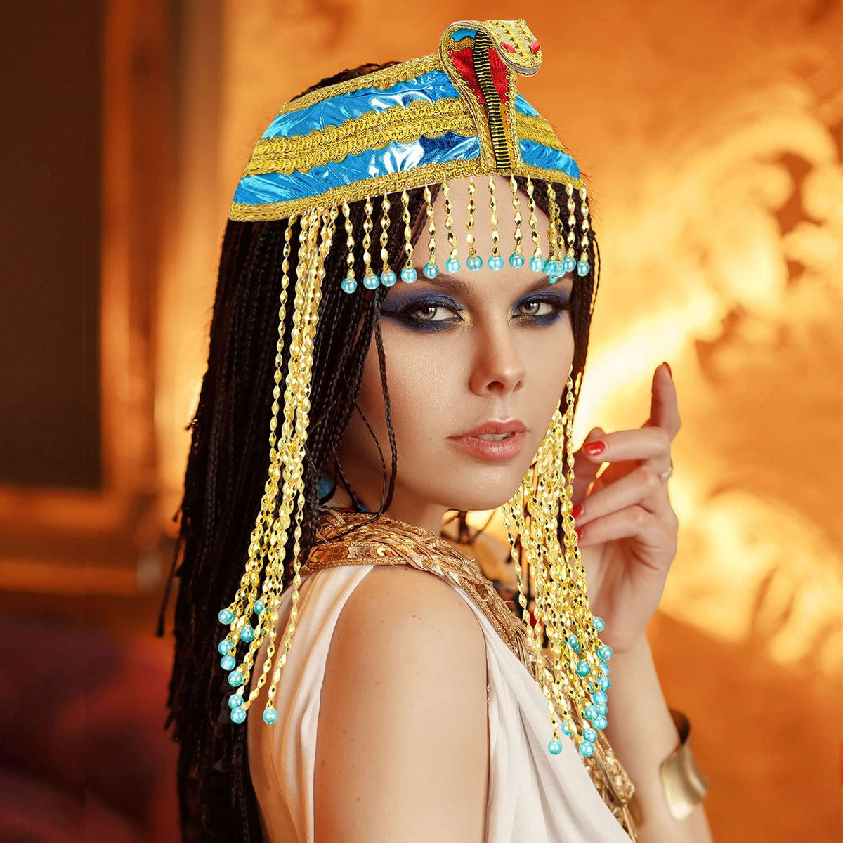 TERRIFI Women's Egyptian Headband Crown Snake Beaded Headpiece Girl's Egyptian Costume Accessory Beaded Headdress for Masquerade Ball & Cosplay Party, One Size (Blue)