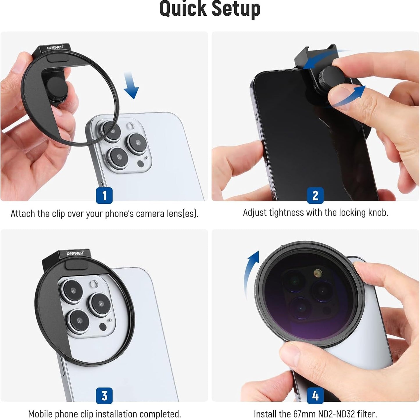 NEEWER 67mm Clip On VPhone Lens Filter Kit with ring