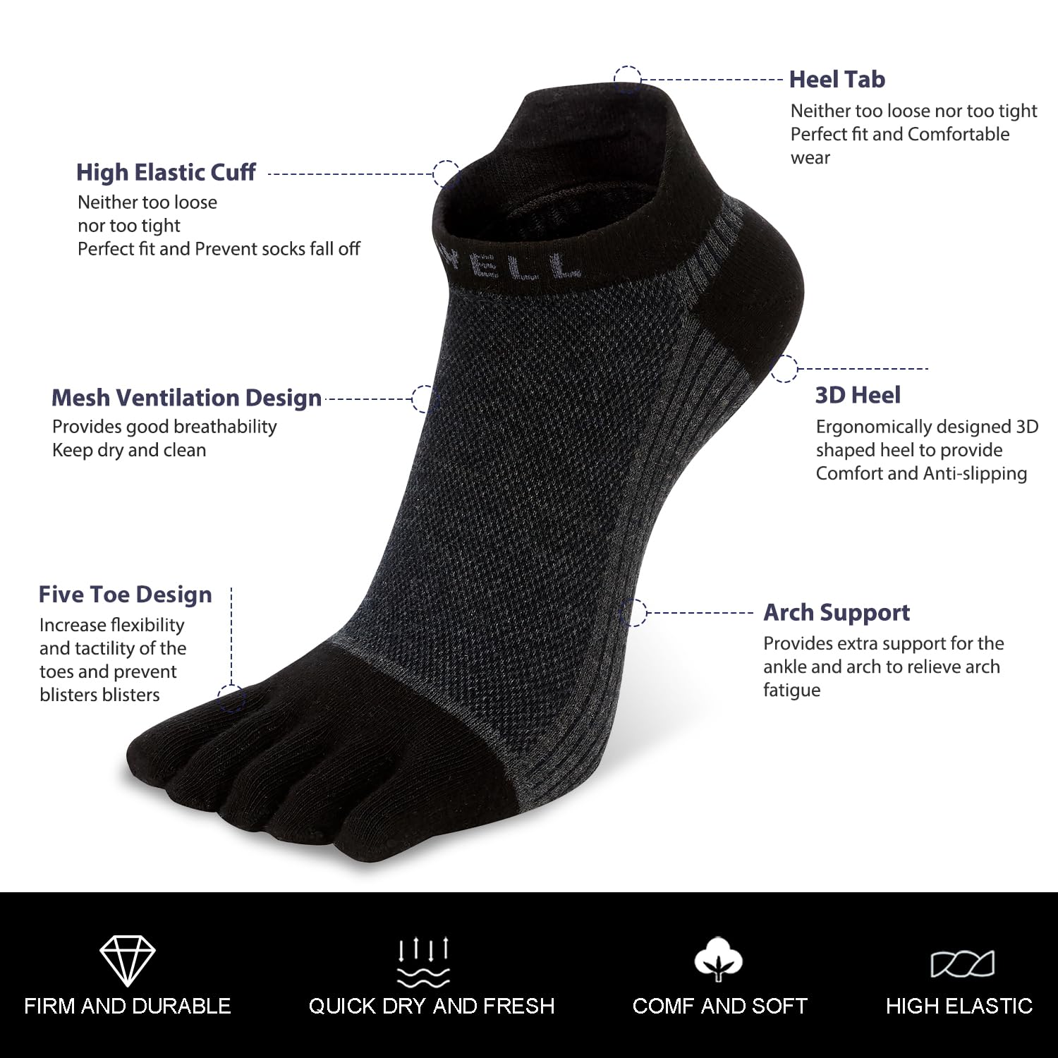VWELL Cotton Toe Socks Five Finger Socks No Show Crew Athletic Running Socks 4 Pairs,Size 7-11 - Medaid International