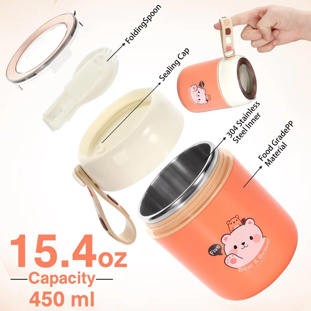 TERRIFI Food Jar Lunch Box, Vacuum Insulated Food Flask, with Folding Spoon, 15.4 oz Stainless Steel Lunch Box for Kids, BPA Free Leakproof Thermal, for Kids, for School Office Picnic Travel (Withe)