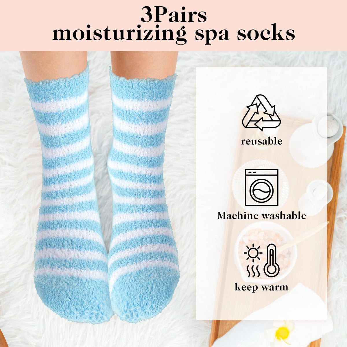 Aloe Infused Moisturizing Socks, 3 Pairs Coral Fleece, Non Slip