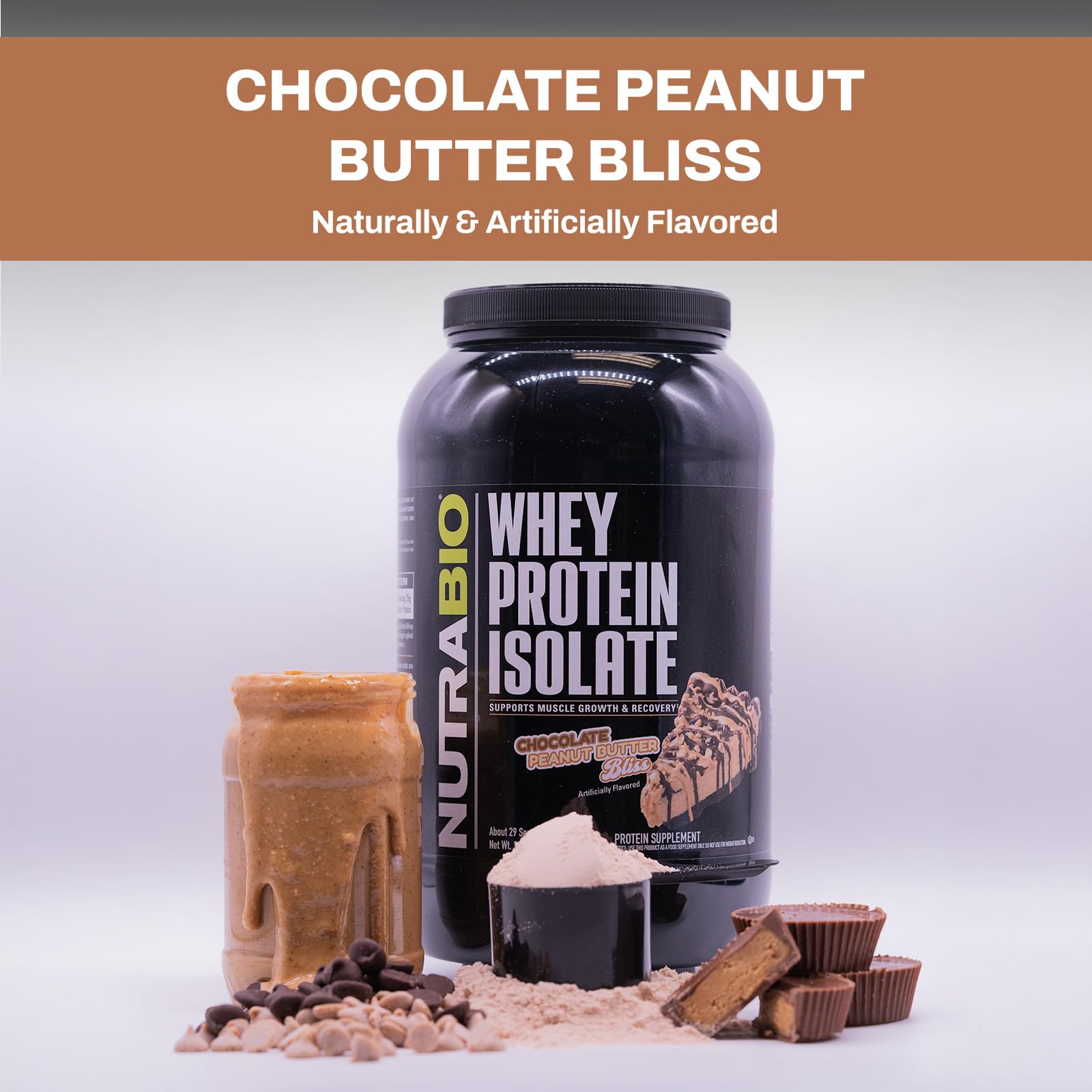 NutraBio 100% Whey Protein Isolate Protein Powder, 25g Protein with Complete Amino Acid Profile, Non-GMO, Soy & Gluten Free, Low Carb, Low Calorie Whey Protein Powder, Chocolate Peanut Butter, 2 Lbs - Medaid International