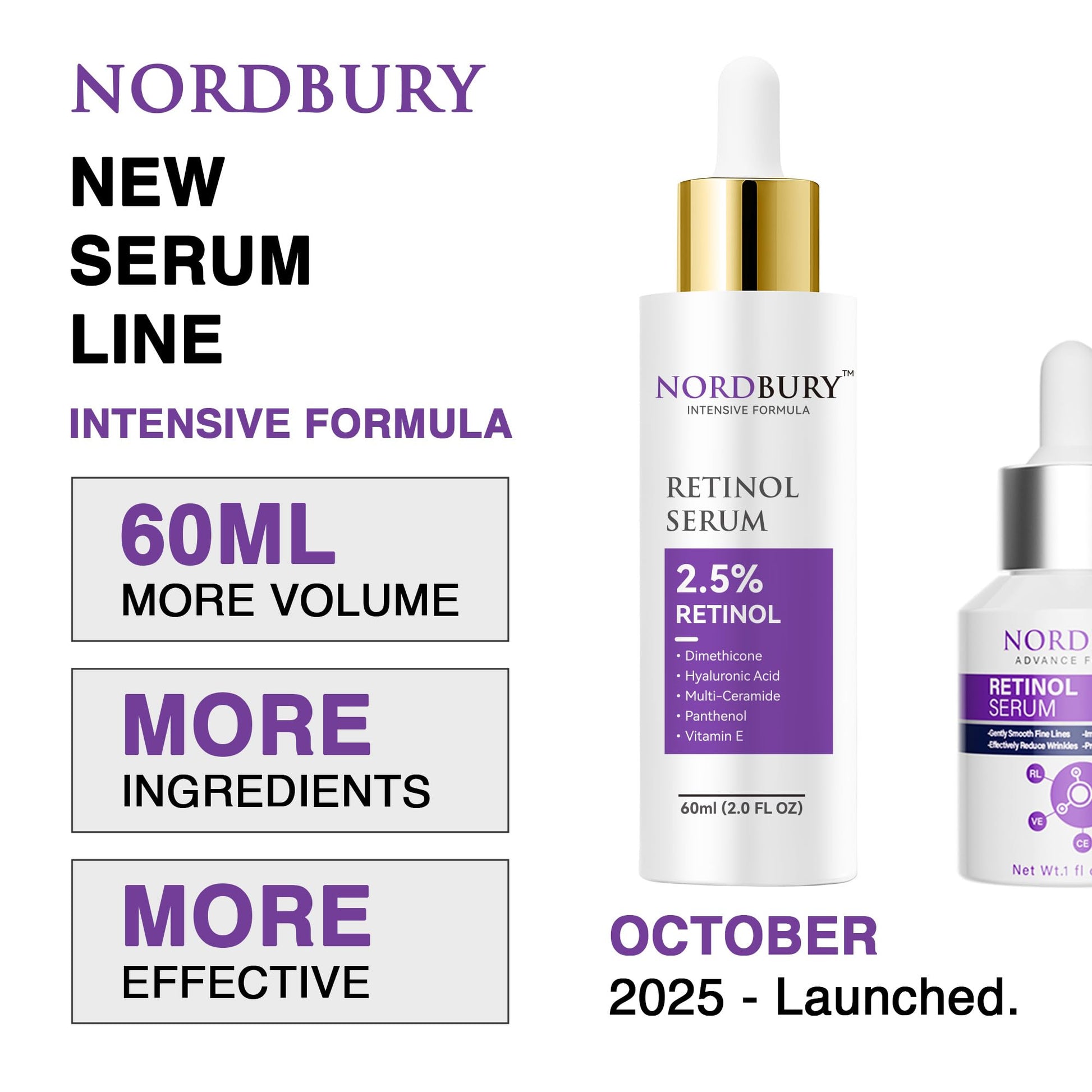 NORDBURY Retinol Serum, 2.5% Retinol with Vitamin E Ceramide Hyaluronic Acid & Organic Aloe Vera, Smooth Fine Lines Reduce Wrinkles and Improve Texture Skin Renewal Actively Night & Day, 60ml - Medaid International
