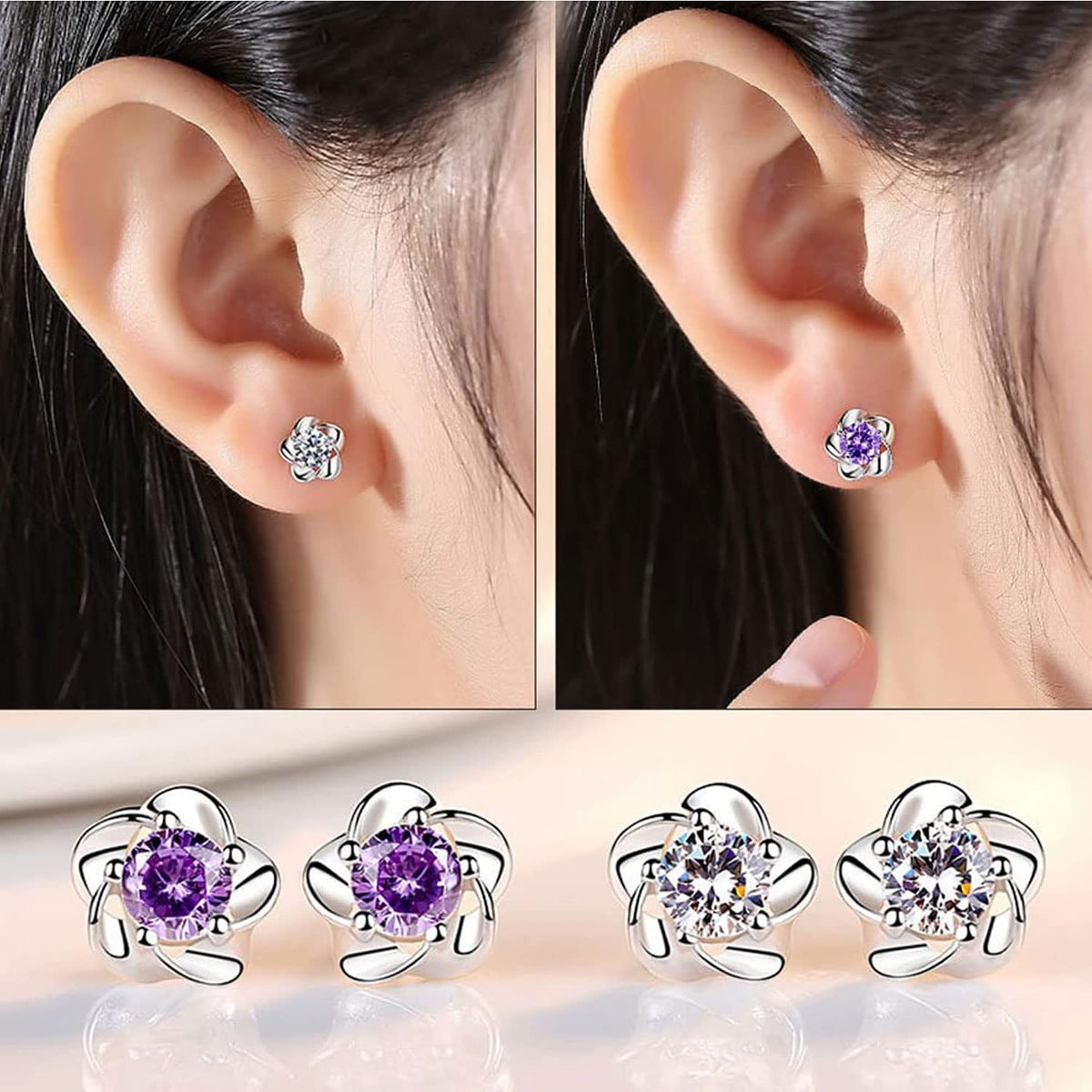 TERRIFI 925 Sterling Silver Stud Earrings Set, Hypoallergenic Sterling Silver Earrings For Women, Flower Clear Cubic Zirconia Stud Earrings, 9 Pairs Different Sizes Sterling Silver Earring Studs