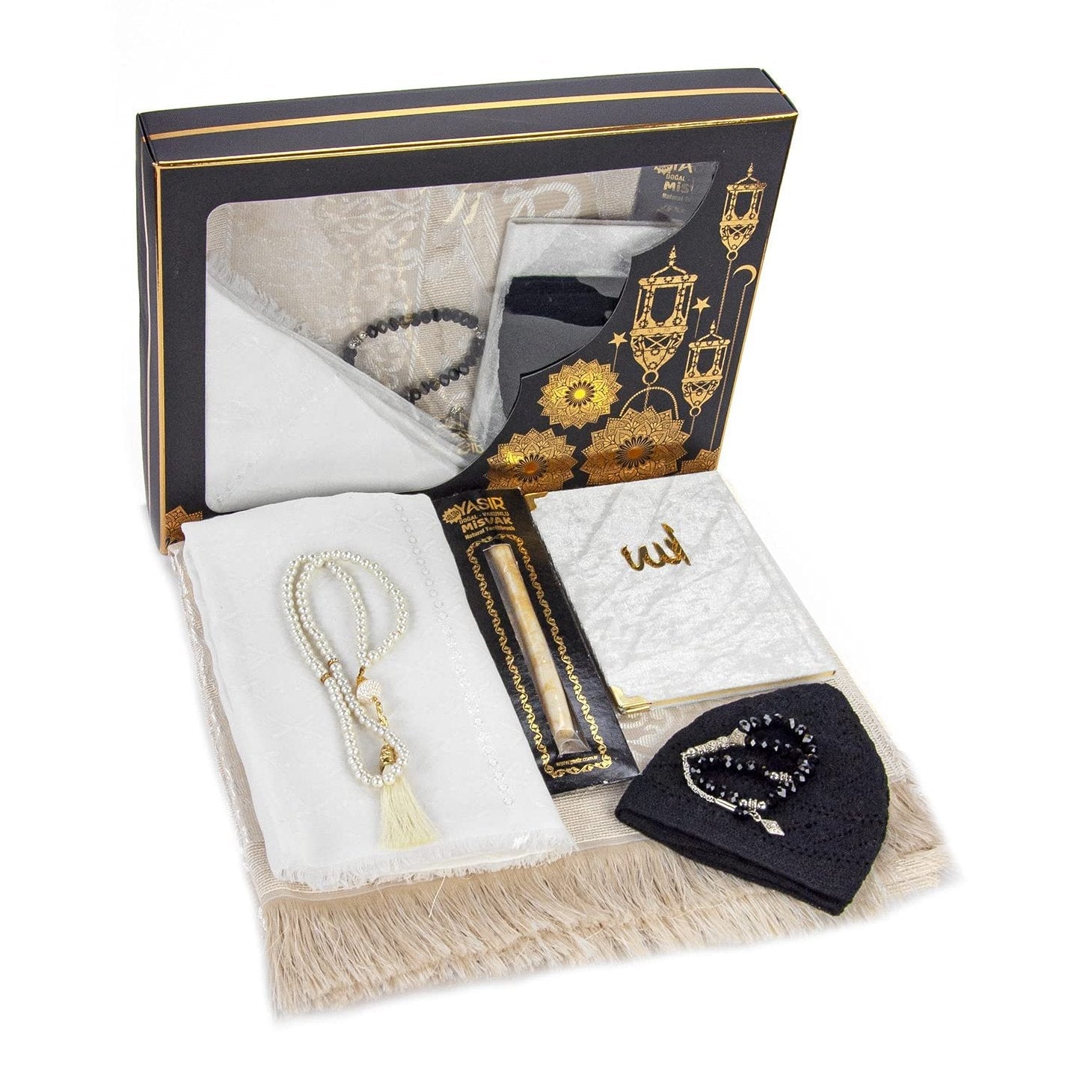 ihvan online Prayer Gift Box for Hajj and Umrah, Muslim Prayer Rug, Islamic Mat, 99 & 33 Pearly Beads Tesbih, Yaseen Book, Miswak, Hijab, Islamic Deluxe Set for Ramadan & Eid Gift, White/Set 1 - Medaid International