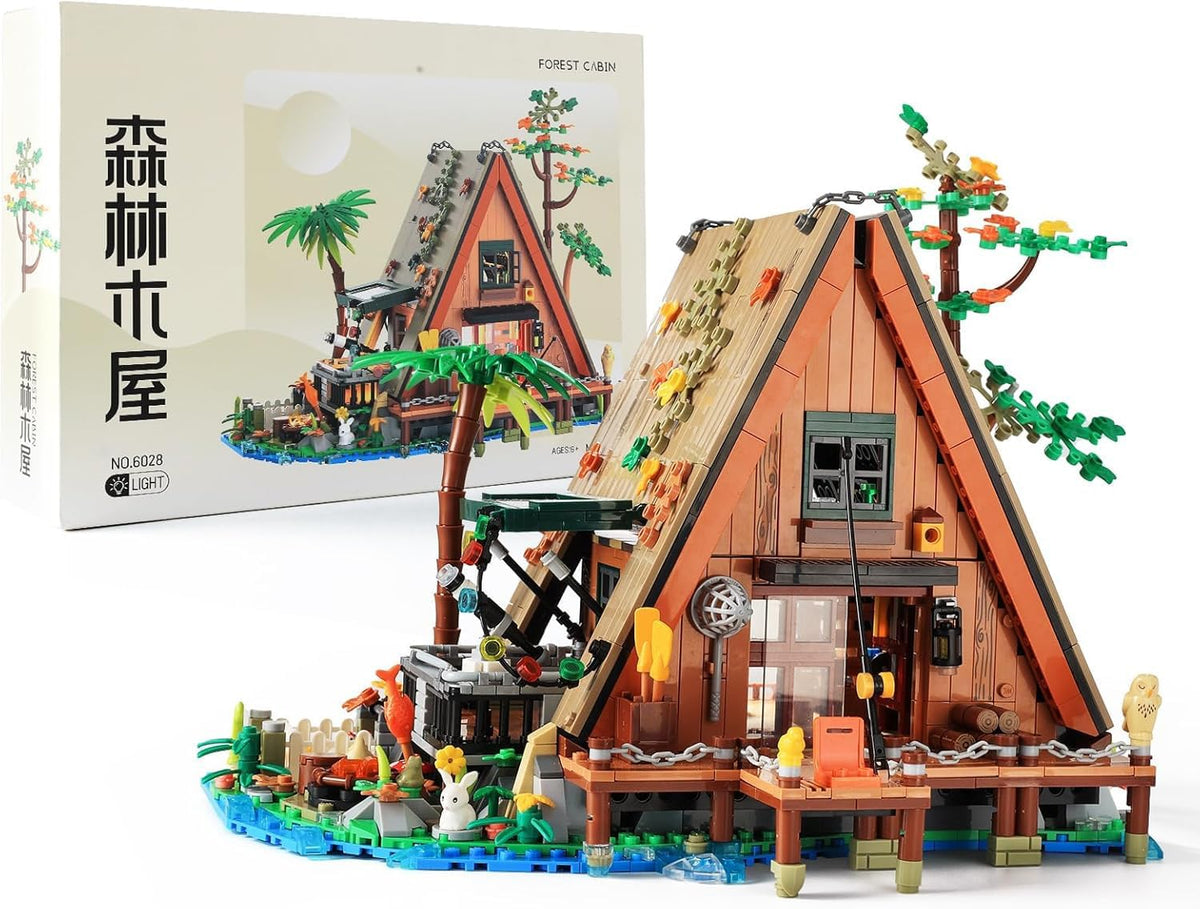 KASTWAVE Wood Cabin Mini Building Block, 1486 Pcs Creative Forest Cabin Building Bricks Set with Light Effect, STEM Architecture Toys Kit, Gift for Kids Boys and Girls Ages 8