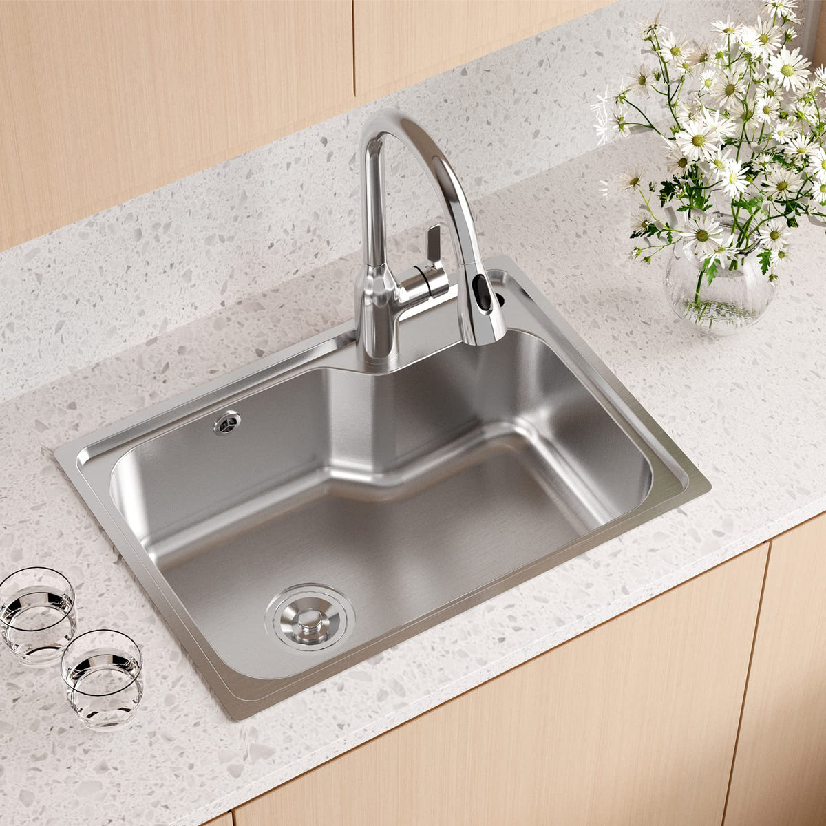 JOMOO Kitchen Sink, 22 * 14.8inches Single Bowl Kitchen Sink with SUS 304 Stainless Steel, Topmount Drop In Workstation Sink and Accessories (580 * 400 * 200mm)